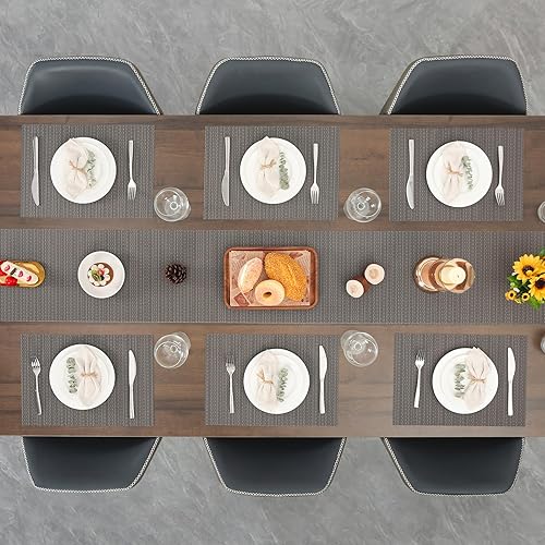 Miniatura 6 de Myir JUN Juego de 8 manteles individuales para interiores, lavables, antideslizantes, resistentes al calor, para mesa de comedor, tela de PVC (gris