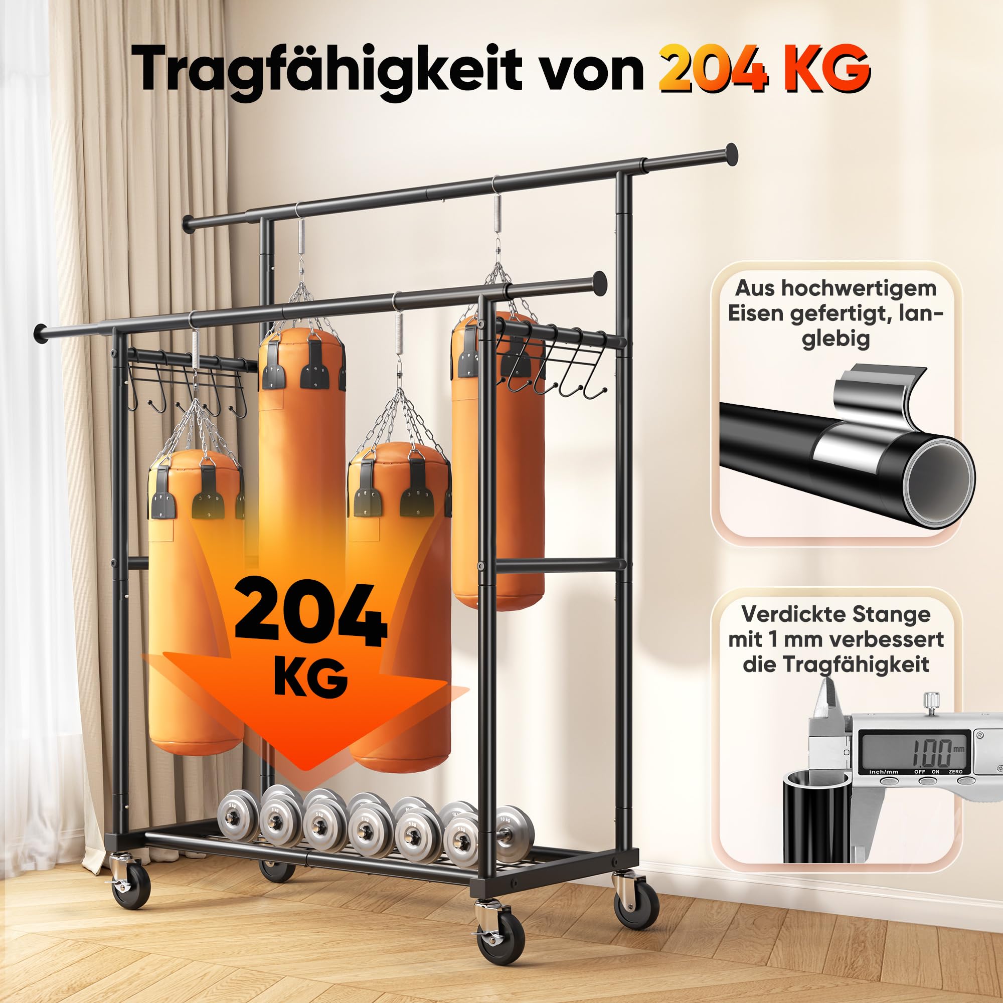 HOKEEPER Kleiderständer Schwerlast-Kleiderstange 204kg Kleiderständer mit Rädern Doppelstab-Garderobenständer zum Aufhängen von Kleidung Tragbarer mit Regalen, schwarz