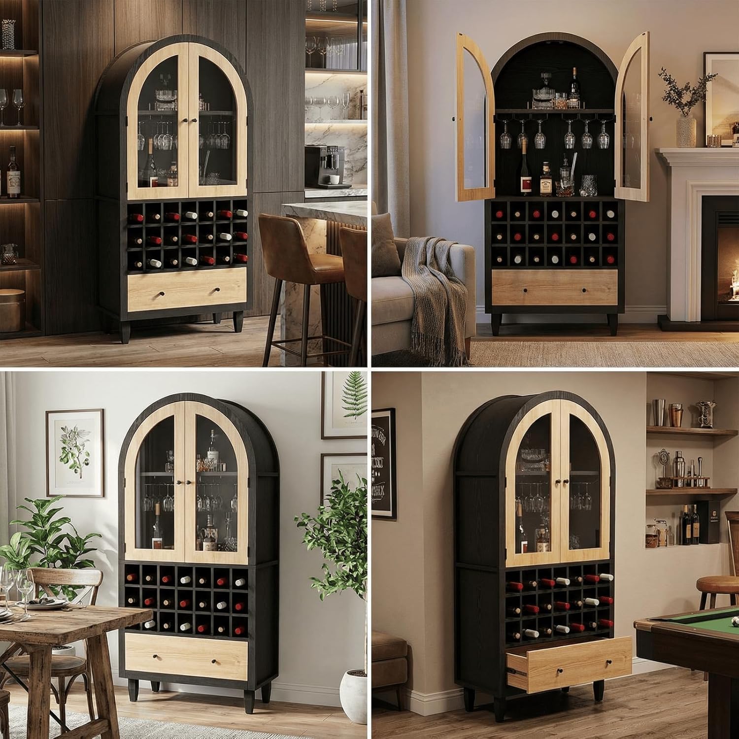 Arched Wine Bar Cabinet with 2 Glass Doors, Liquor Cabinet Wine Cabinet with Stemware Holders and Modular Wine Rack Storage for Home Bar, Dining Room, Kitchen, Living Room, Entryway