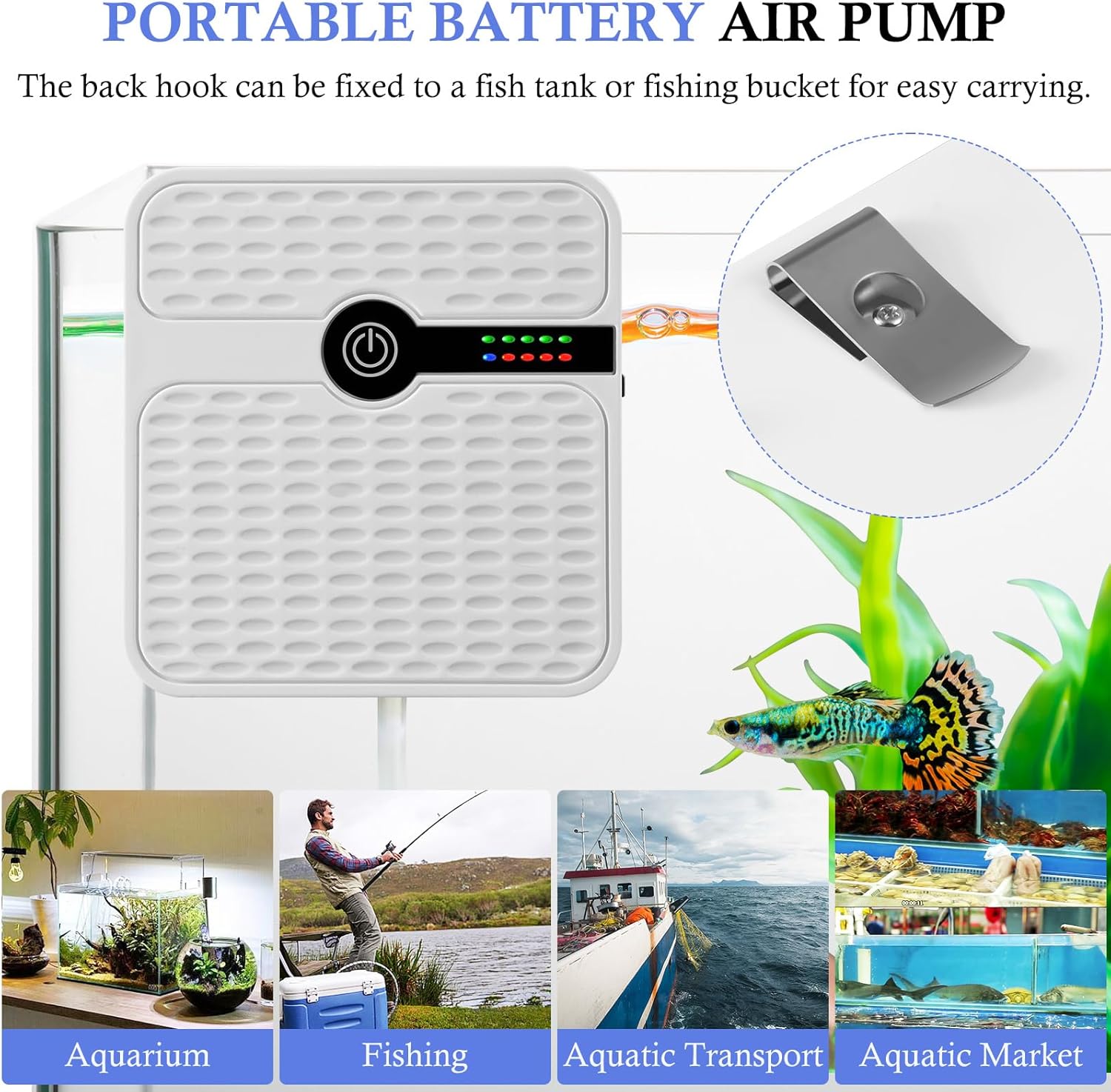 FEDOUR Battery Powered Air Pump Aquarium, Portable USB Rechargeable Fish Tank Air Pump, Fish Tank Bubbler for Up to 120Gal Fish Tanks, Outdoor Fishing, Aquatic Transport, and Aquatic Markets