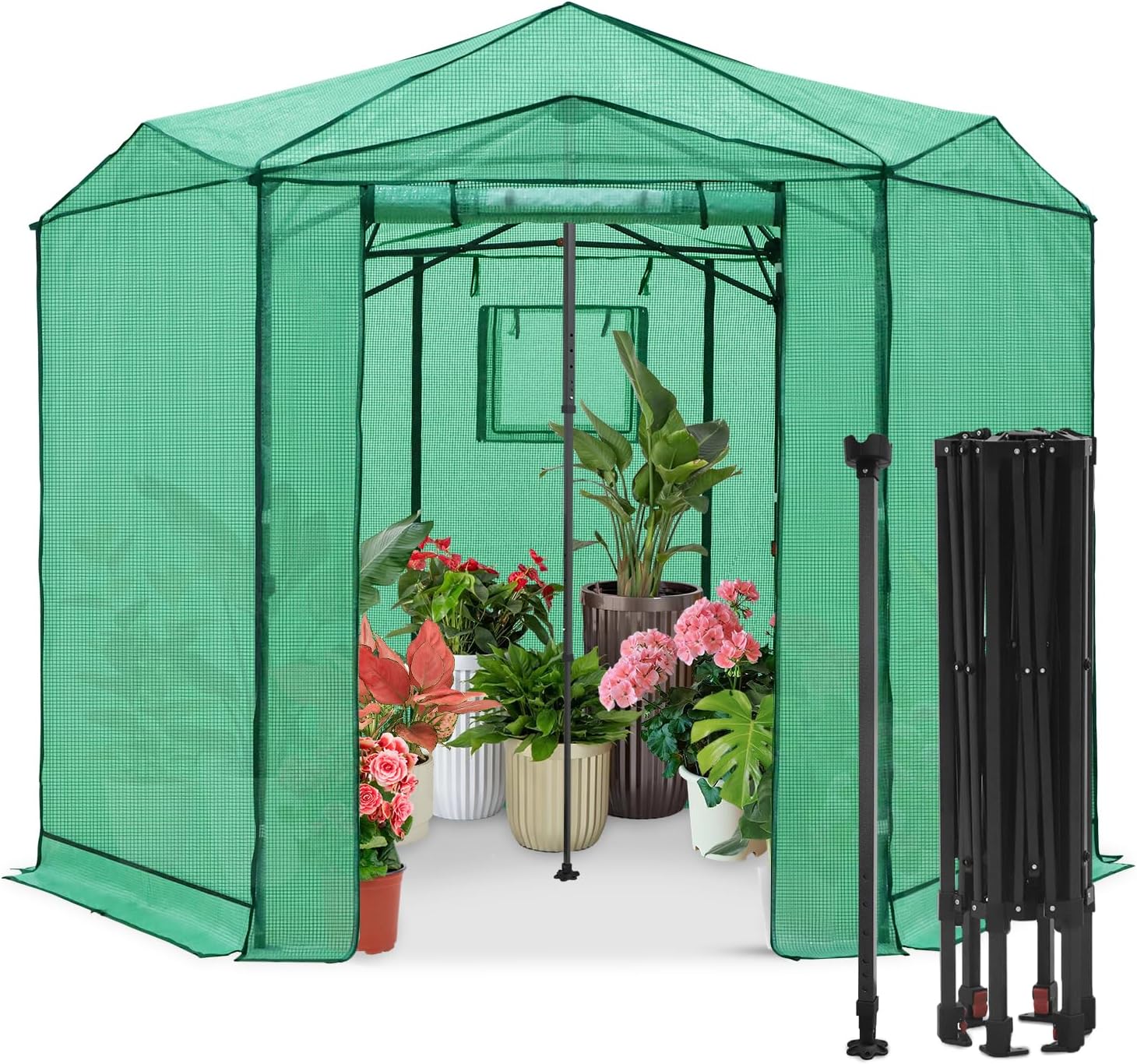 EAGLE PEAK 8.5x8.5 Portable Walk in Greenhouse, Pop Up Indoor Outdoor Greenhouse, Green House Kit with Zippered Roll-Up Doors and Windows, Hexagon Design, PE Cover, Clear/Green