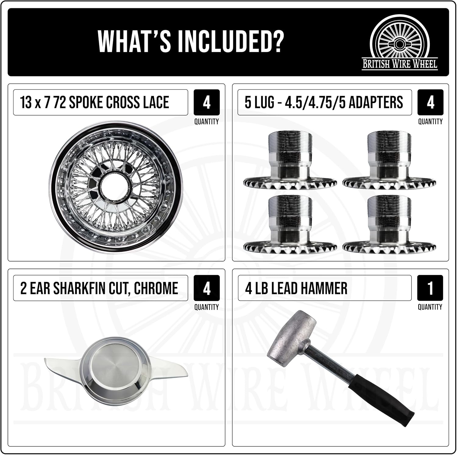 13x7 Reverse 72 Spoke Cross Lace Wire Wheels with 2 Ear Cut Knock Off Spinner Caps + Chrome Adapters 5x4.5, 5x4.75, 5x5 | Chrome Deep Dish Lowrider Rims | Set of 4 + Lead Hammer