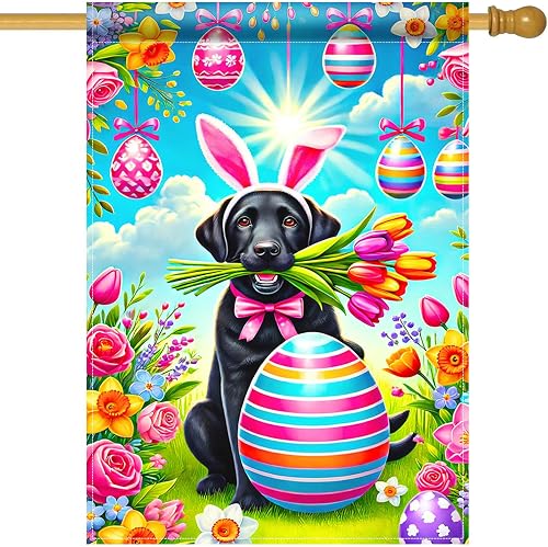 HOMETITUTE Happy Easter Puppy Tulips House Garden Flag 28x40
