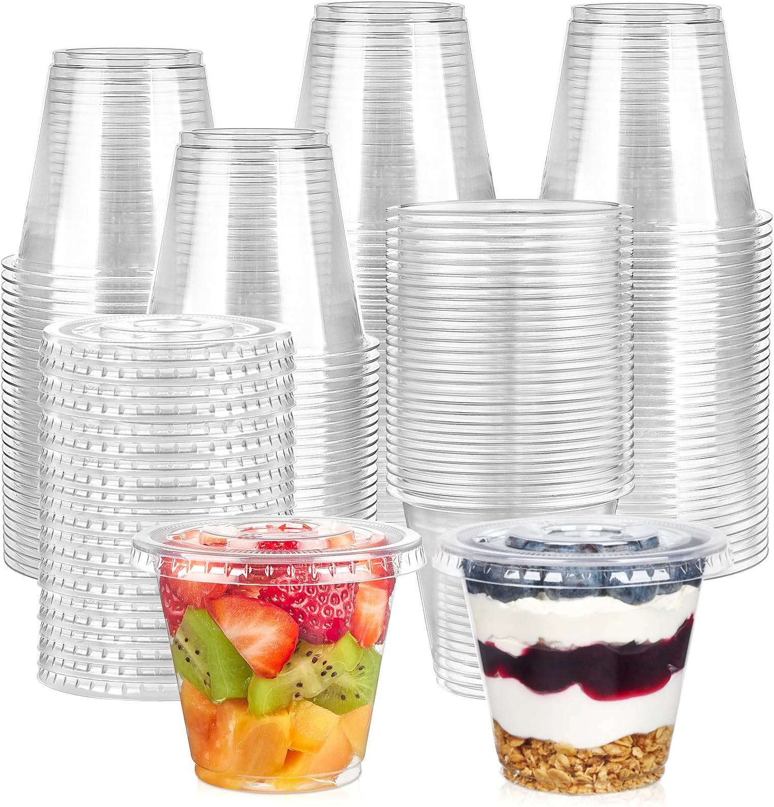 [100 Sets, 9 oz Clear Plastic Fruit Cups with Lid No Hole, Disposable Plastic Cups with Lids for Yogurt, Parfait, Pudding, Dessert, Cake, Ice Cream, Snack Cup Party Supplies