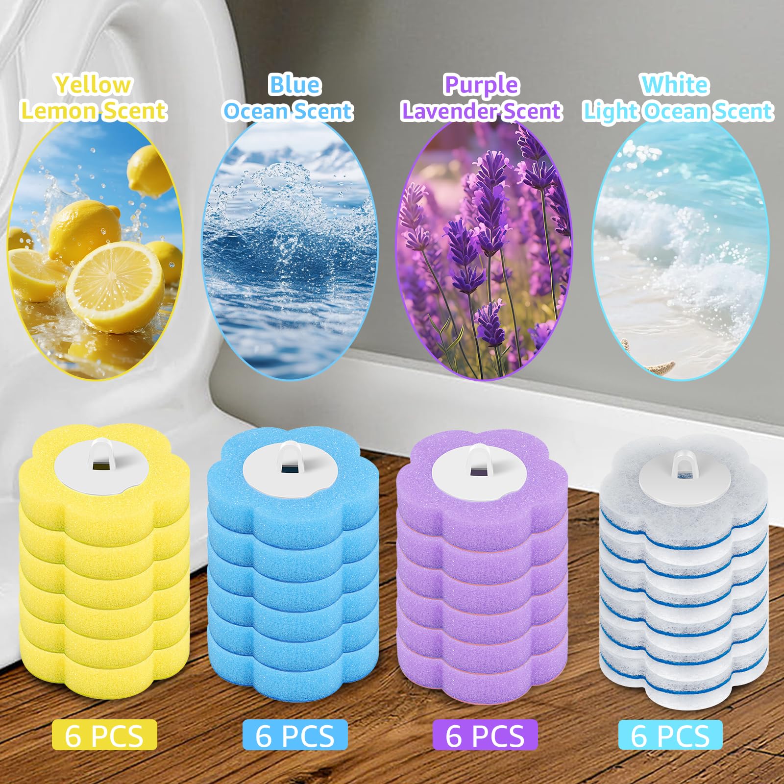 Set di 24 scopini blu con spugna infusa di detergente, efficaci spazzole per la pulizia del bagno per WC e vasca da bagno, accessori essenziali per la pulizia della casa