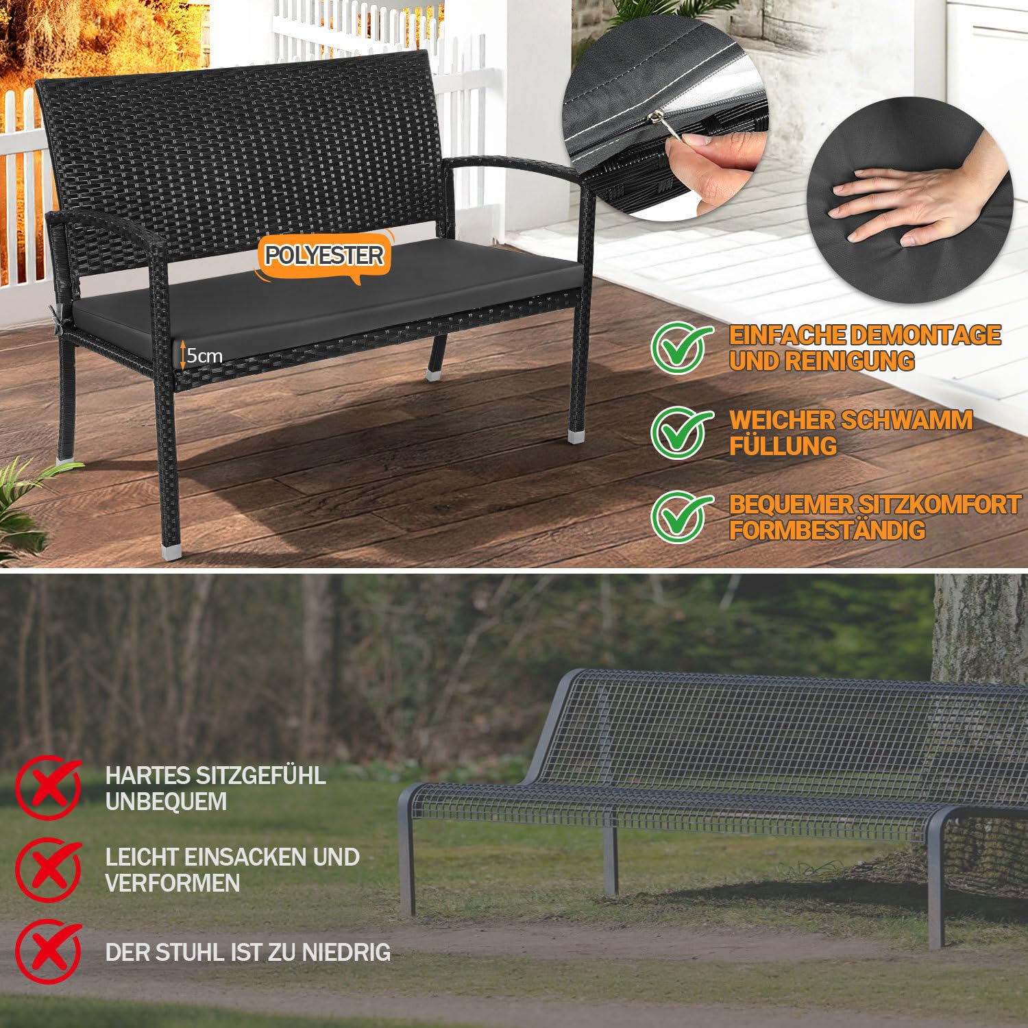 Gartenbank Polyrattan wetterfest mit Kissen, 2-Sitzer Balkonbank bis 227 kg belastbar, 112 x 58 x 90 cm, outdoor bank mit Rückenlehne und Armlehnen,Sitzbank für Balkon und Terrasse，Schwarz