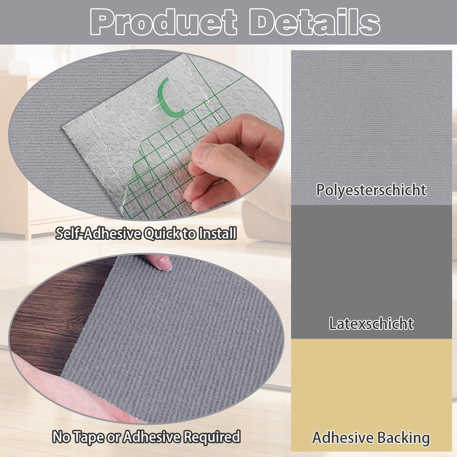 Teppichfliesen 50x50cm Teppichfliesen Selbstklebend - 10 Stück Set - 2.5m² - Teppichboden, Teppich Fliesen mit Rückendeckung, Strapazierfähiger Teppich Bodenbelag für Wohnung,Büro,Gewerbe, Hellgrau