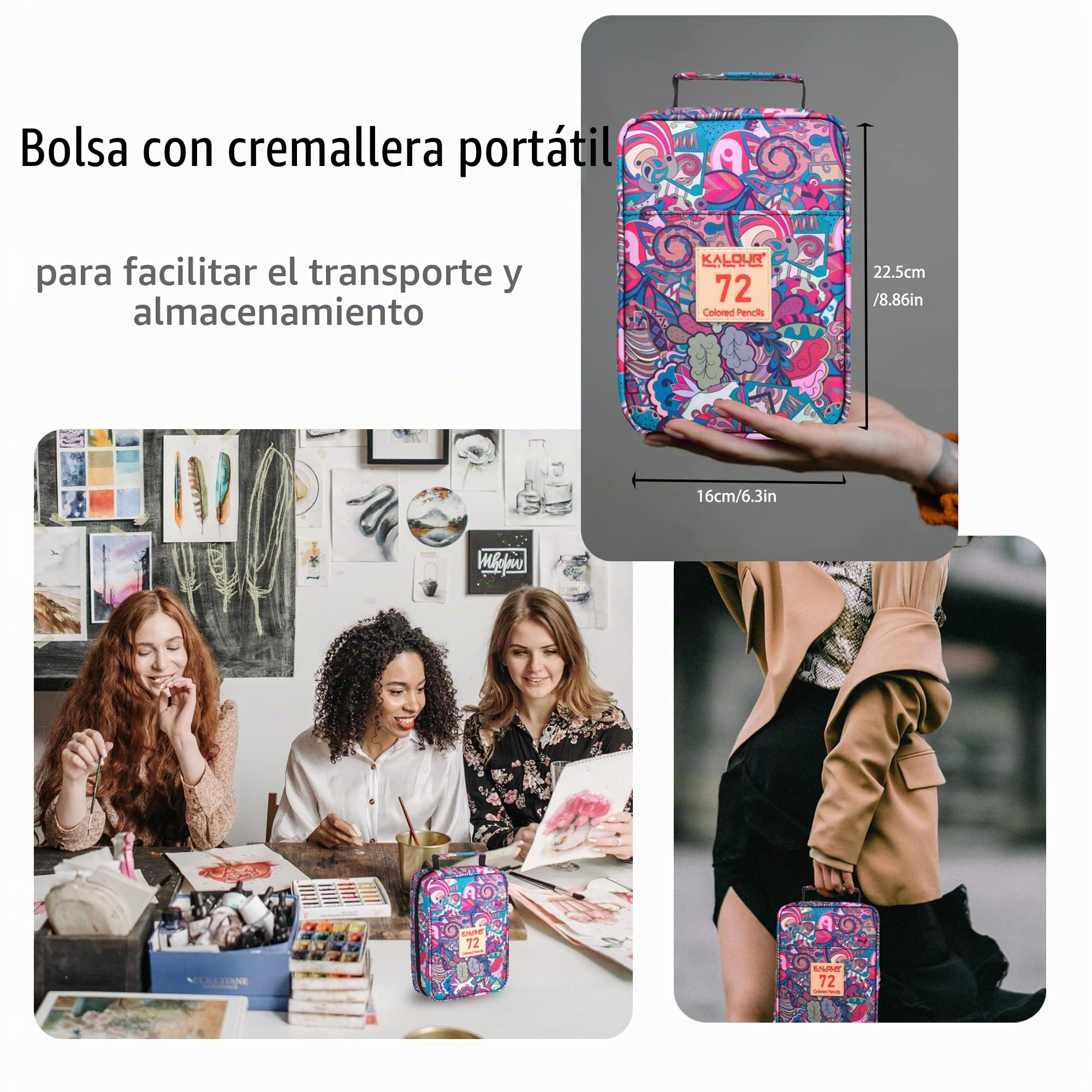 KALOUR 72 Lápices de colores de para libros de colorear para adultos, estuche con ranura para cremallera, con sacapuntas, núcleo suave