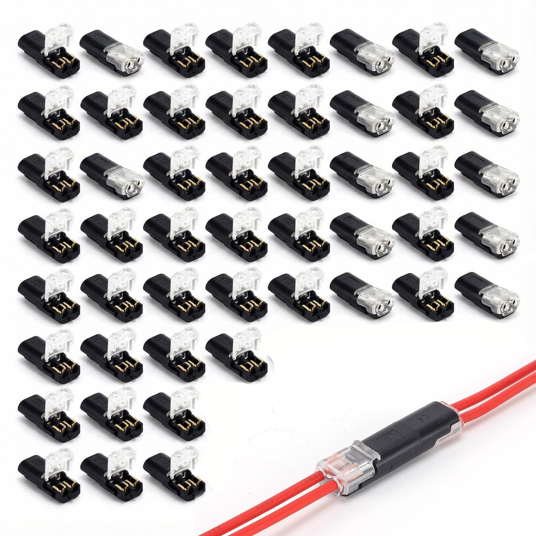 Paquete de 50 conectores de cable no requiere pelado, terminales de cable de bajo voltaje de 2 pines sin soldadura para 18-22 AWG, empalme rápido para altavoz automotriz de tira LED (máximo 10 A)