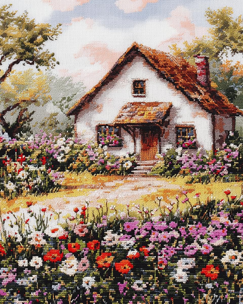 Amazon | スタンプ付きクロスステッチキット、家の前の花畑