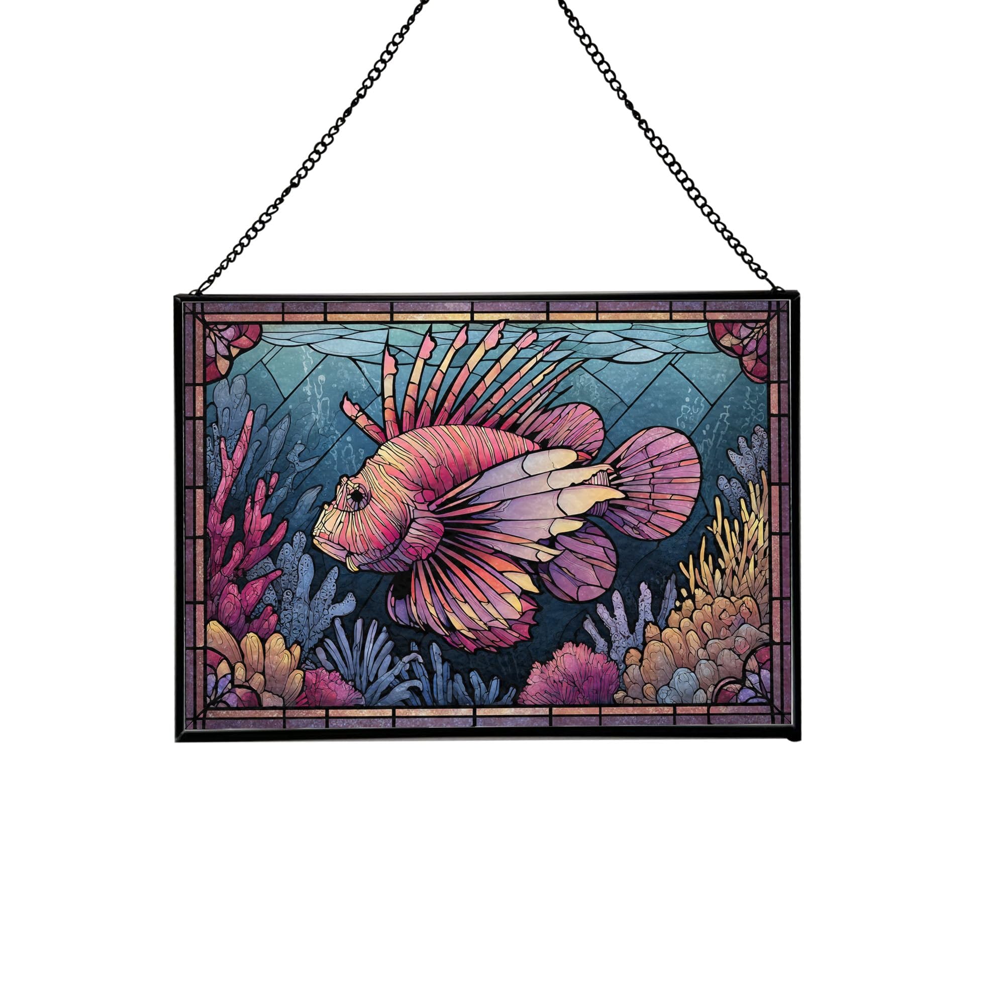 Dwarf Lionfish Ocean Animal Stained Glass Suncatcher – Rectangular Hanging Window Panel with Underwater Scene – Glass Art Gift for Coastal Decor and Sea Lovers, Christmas, Halloween GGvLlC