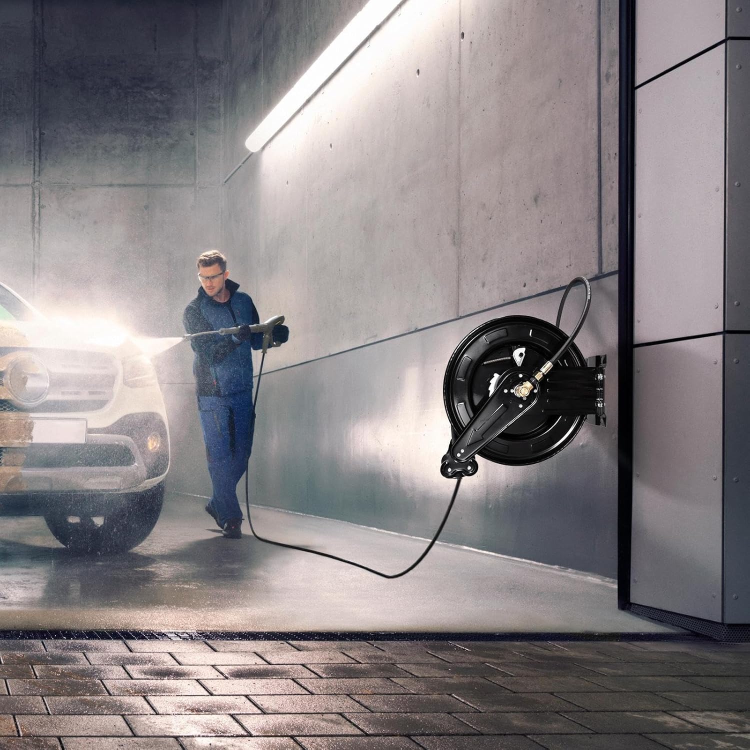 Retractable Pressure Washer Hose Reel,Professional Garden Hose Reel - Auto Rewind Double Arm, 4000 PSI, for Yard Cleaning, Grooming Pets