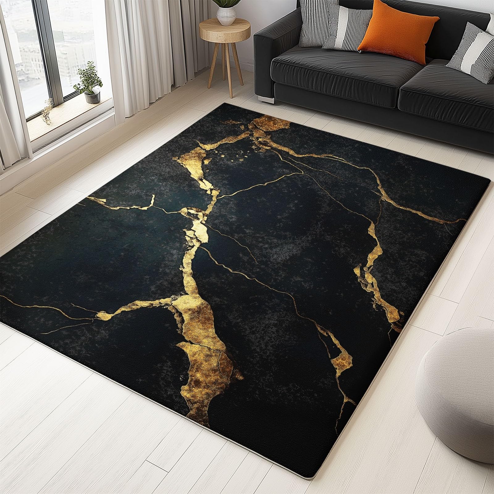 Générique Tapis Intérieur Texture Marbre Noir Or 160x230cm Tapis Lavable Doux et Antidérapant, Moquette Poil Ras imprimé 3D pour Salon Chambre l'entrée Décoration
