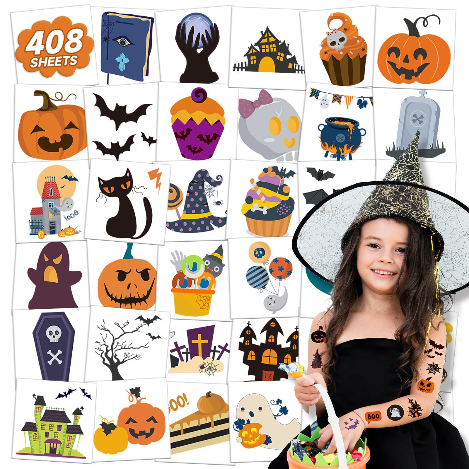 408 Hojas de Tatuajes Temporales de Halloween para Niños, Tatuajes Individuales para Fiesta de Halloween, Pegatinas de Tatuajes de Calabazas y Fantasmas para Niños y Niñas