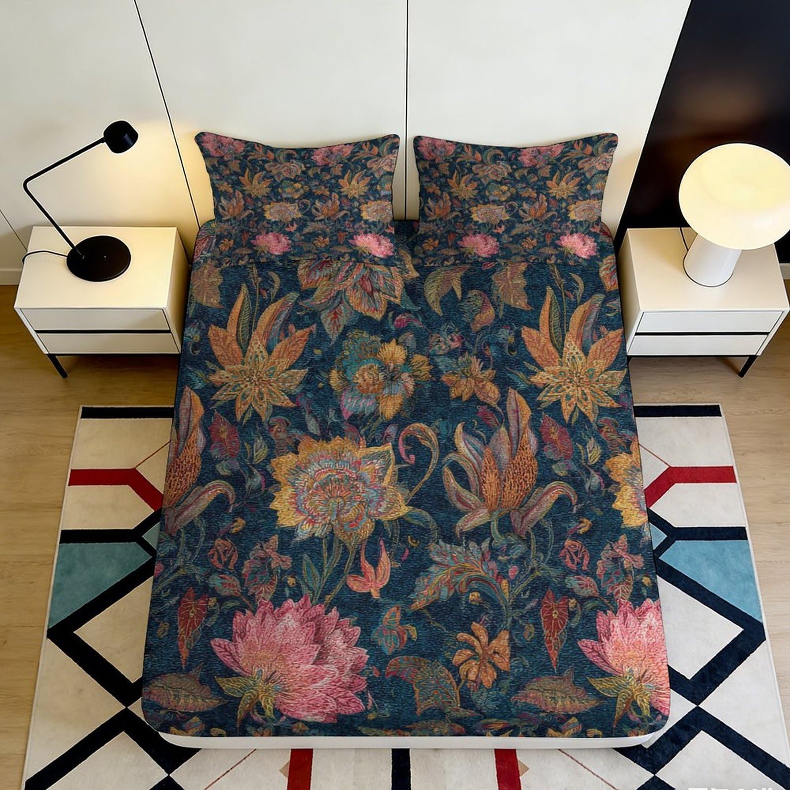 3D Printed Vintage Floral Fitted Sheet Microfiber Non Slip Mattress Cover Boho Botanical Bed Decor Machine Washable 140x200x25cm