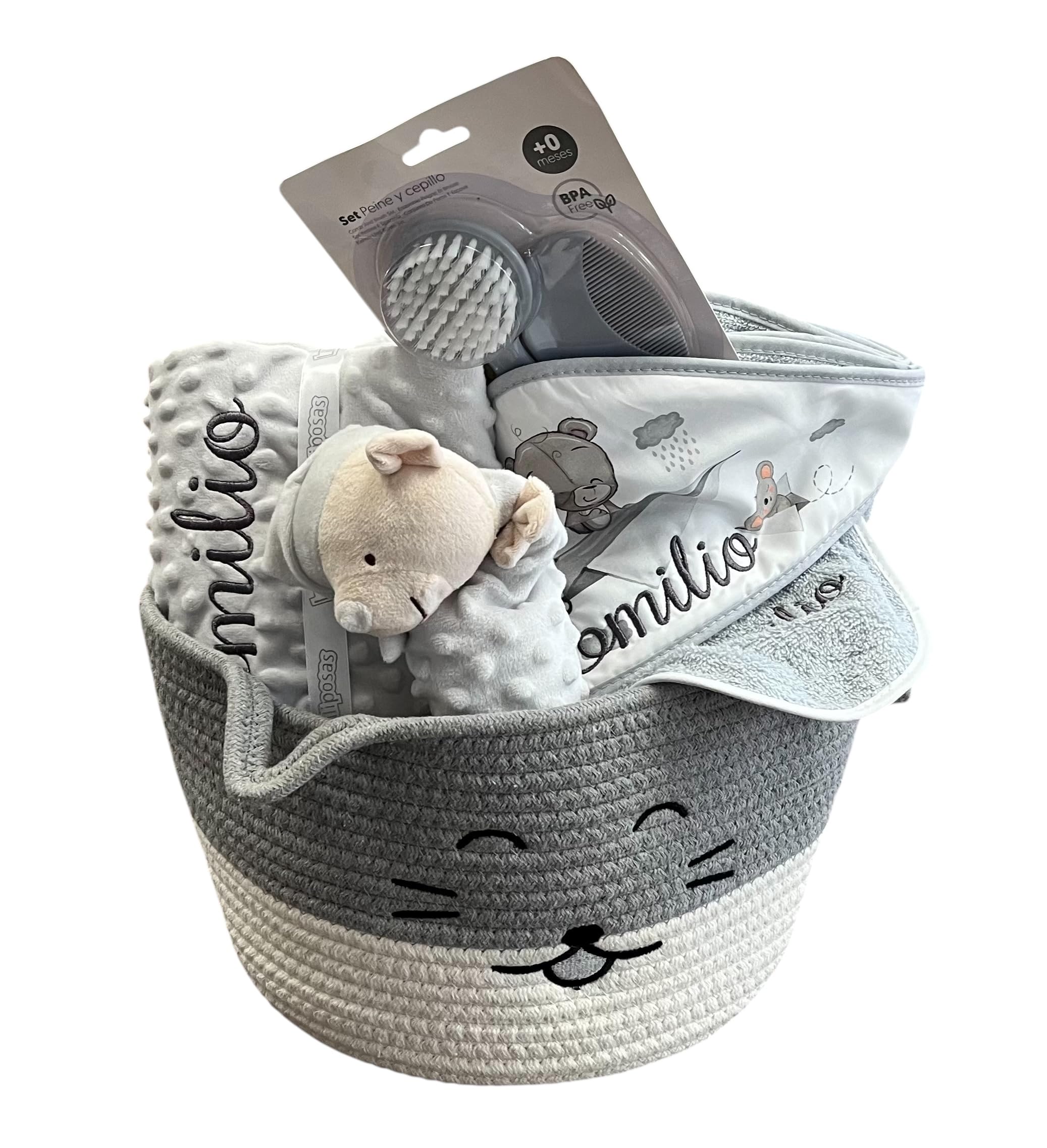 Danielstore Canastilla Bebé Personalizada Cesta Regalo Incluye Manta + Dou Dou + Toalla Baño Bebé + Babero Personalizado Regalo para Recién Nacidos (Gris Cesta Multiusos Peine)