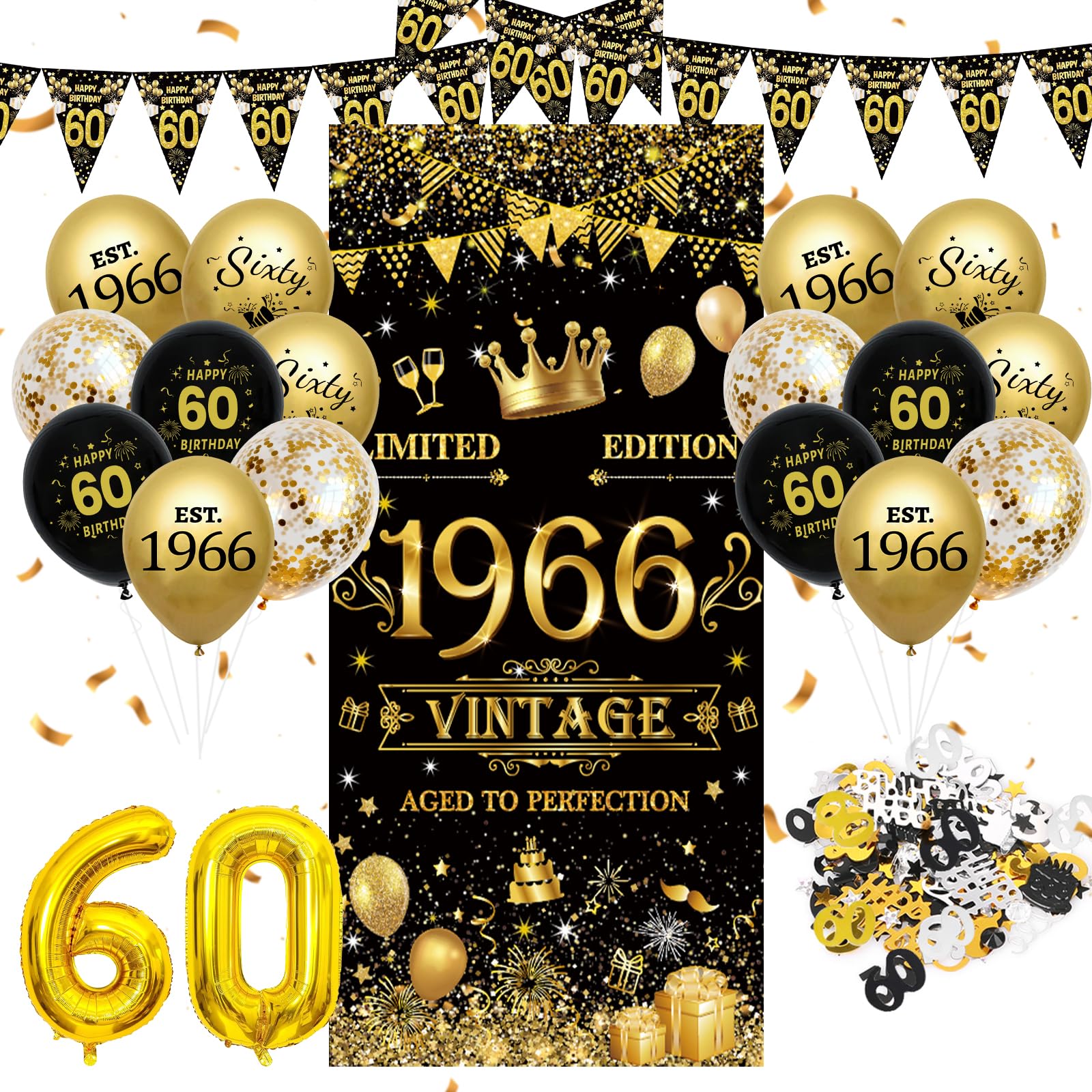 WINAROI 60th Birthday Decorations for Men and Women,60th Birthday Balloons Black Gold,60th Birthday Banner,1966 Backdrop Banner Birthday Party Decoration (black 60th)