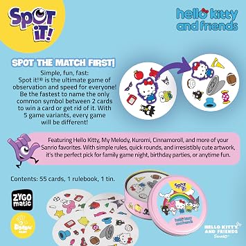 Spot It! Hello Kitty & Friends, A Think Fast Quick Reflex & Perception Game, Featuring Hello Kitty, My Melody, Kuromi, Cinnamoroll & More, Ages 4+, 2-8 Players, Officially Licensed Sanrio Merchandise