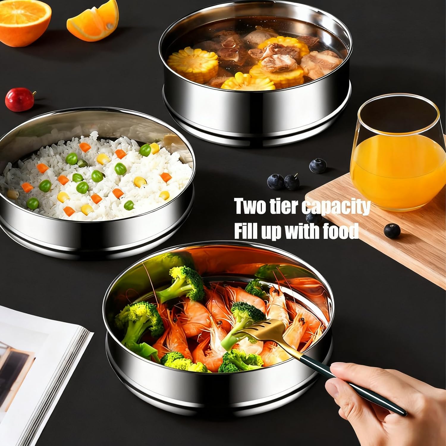 Tissting 3 Tier Stainless Steel Steamer Pots Set with Lid- Stackable Insert Pans in Pot ID 19cm 7.5in for 6QT Steamer Pressure Cookers Steaming Cookware for Kitchen Cooking