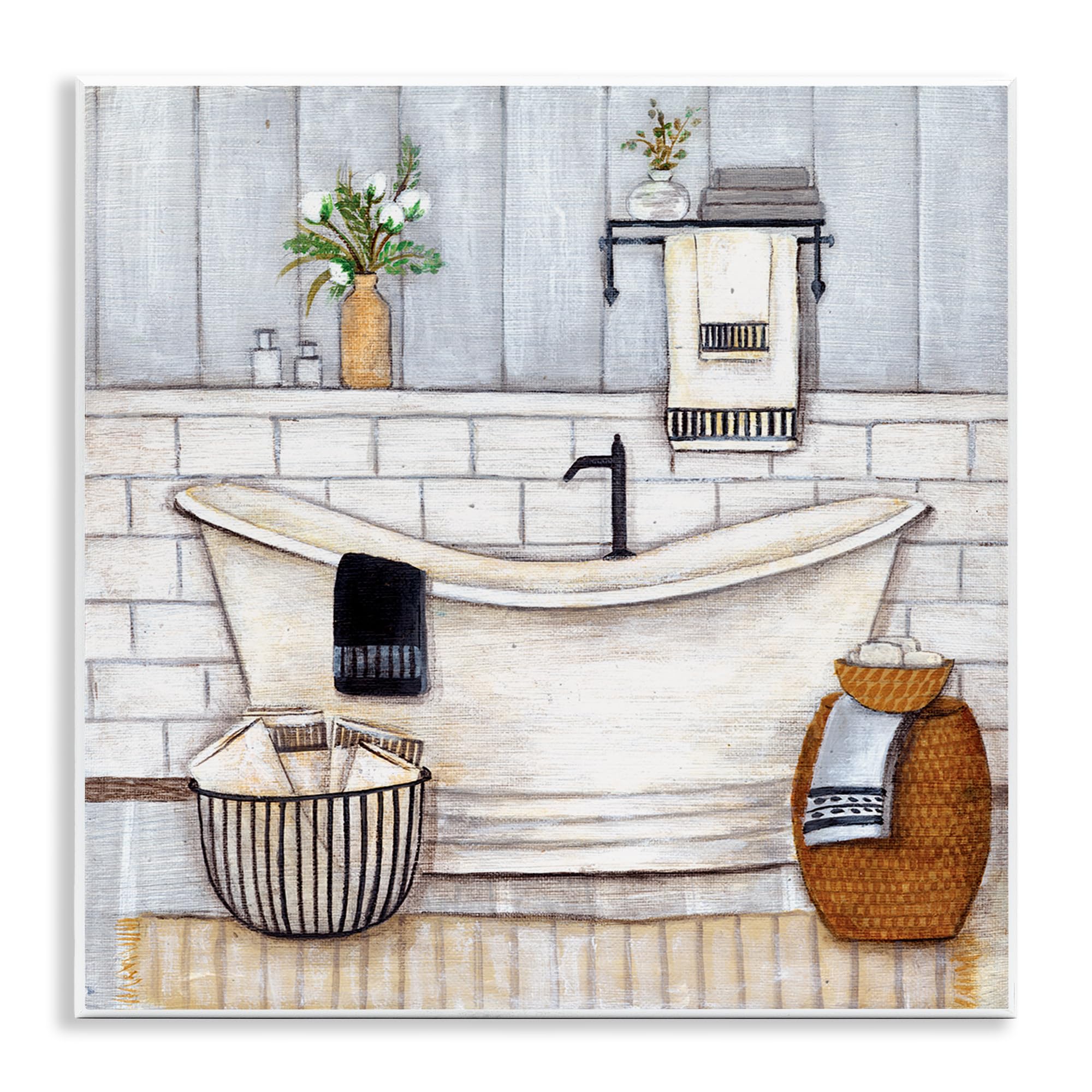 Stupell Industries Bathroom Farmhouse Style Tub Neutral Grey Drawing Wall Plaque, 12x12, Design by Artist Yellow Café