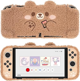 GeekShare Cute Plush Protective Case Cover Compatible with Nintendo Switch OLED Console and Joy Con - Shock-Absorption and Anti-Scratch Skin Case for OLED Switch - Plush Bear