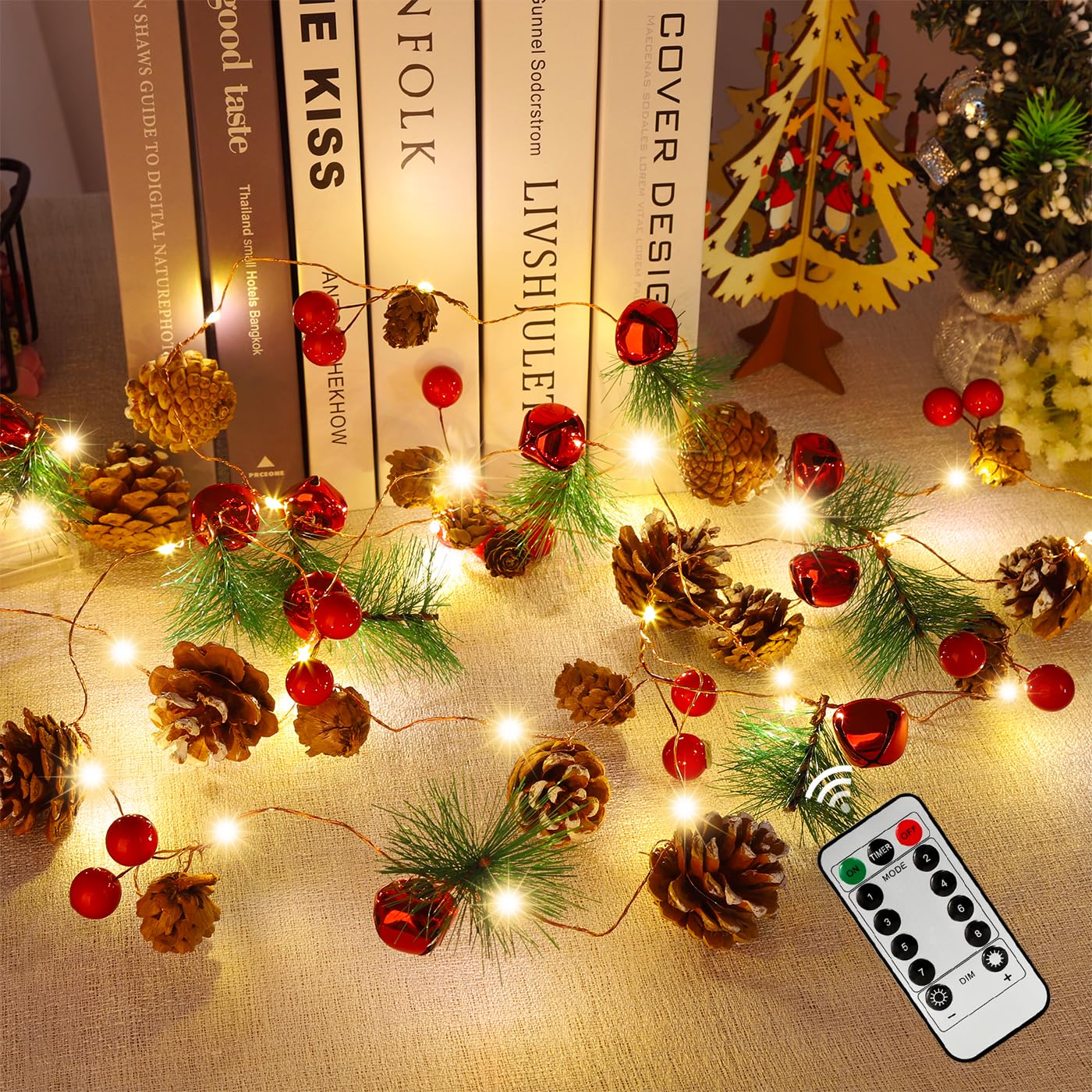 Christmas Garland with Lights,Christmas Decorations for Home-Remote Control | 30 LED, Pine Cone Red Berry Bells, Indoor Christmas Decorations, Home and Fireplace Mantel Decor, Christmas Tree Decor