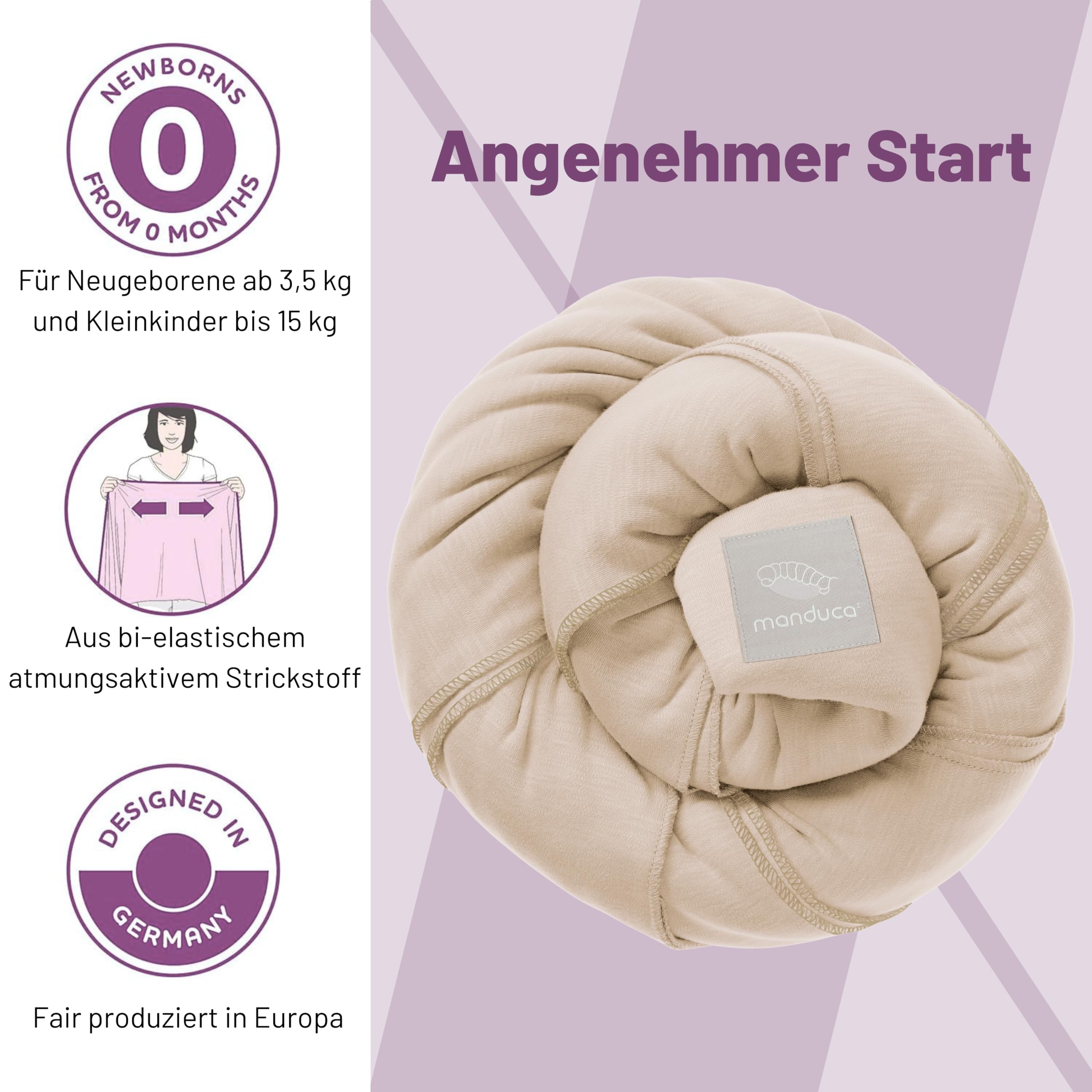 manduca Sling – elastisches Babytragetuch für Neugeborene ab 3,5 kg und Babys bis 15 kg – stabiles Tragetuch aus weichem Jersey-Strickstoff aus 100% Baumwolle (Bio) – Einheitsgröße, Farbe: powder