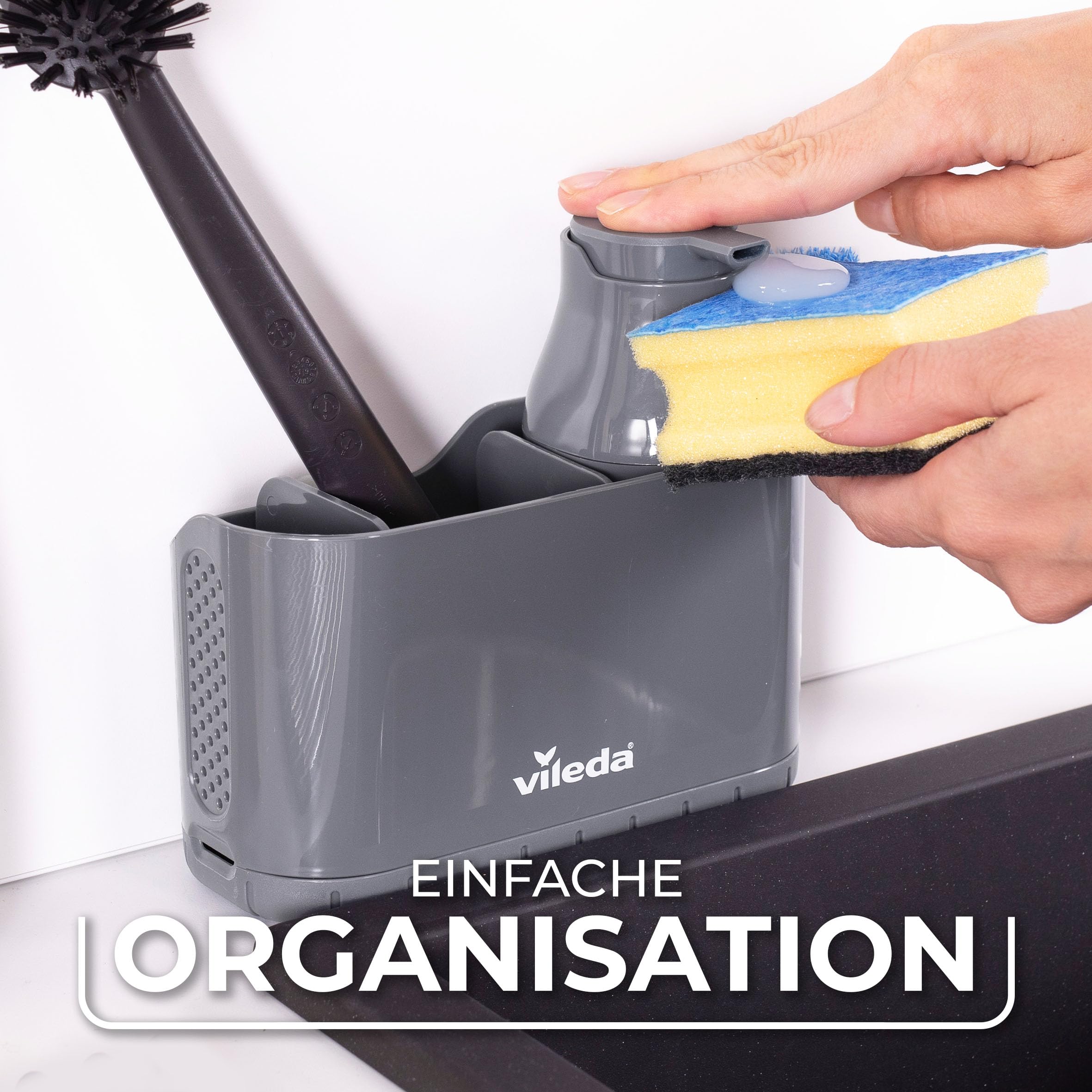 vileda Spülbecken Organizer mit Spülmittelspender Kunststoff - frei stehender Schwammhalter Küche - Spülorganizer mit Seifenspender für Schwämme & Bürsten - Langlebig & Rostfrei