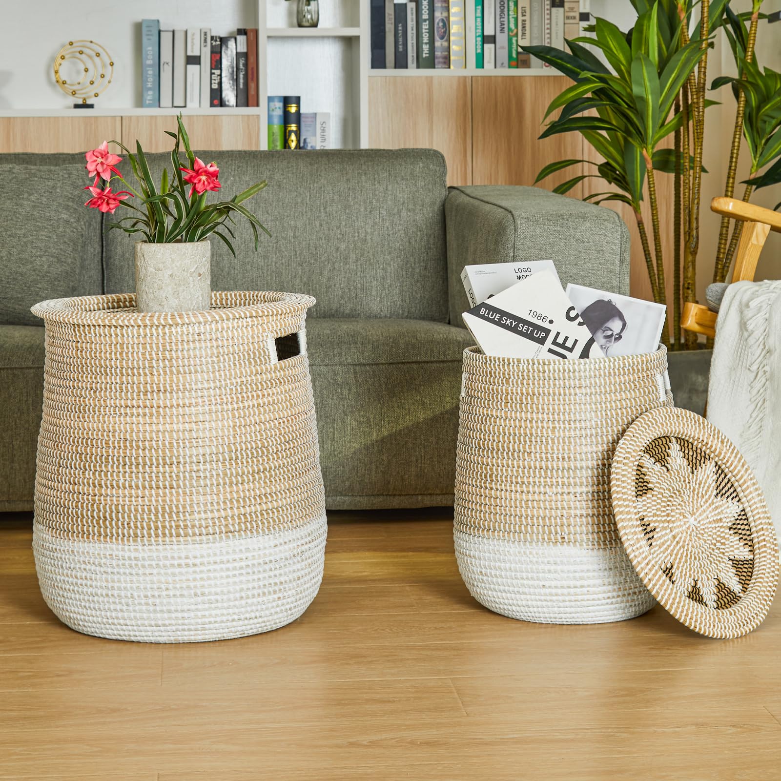 Cesto Portabiancheria Grande con Coperchio, Cesto Intrecciato in Alghe Marine, Adatto per Riporre Vestiti, Giocattoli e Cuscini, Bianco e Marrone, 45,14 L/86,38 L