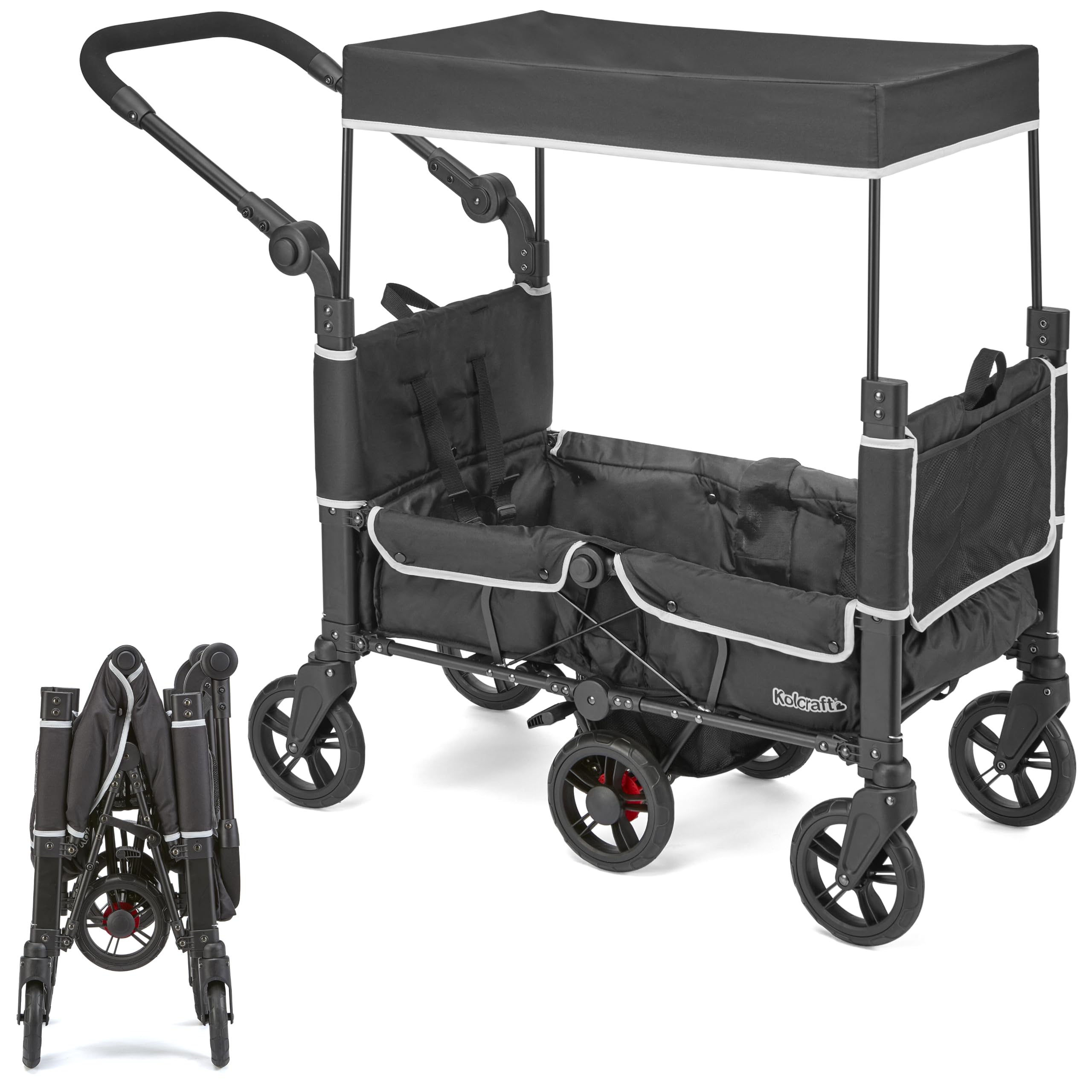 Kolcraft 2-Kid Stroller Wagon, Zero-Turn 360° Steering, Lightweight 27 lb Foldable Wagon Stroller with Push/Pull Handle, 110 lb Capacity, UPF 50+ Canopy, All-Terrain EVA Wheels, 5-Point Harnesses : Baby