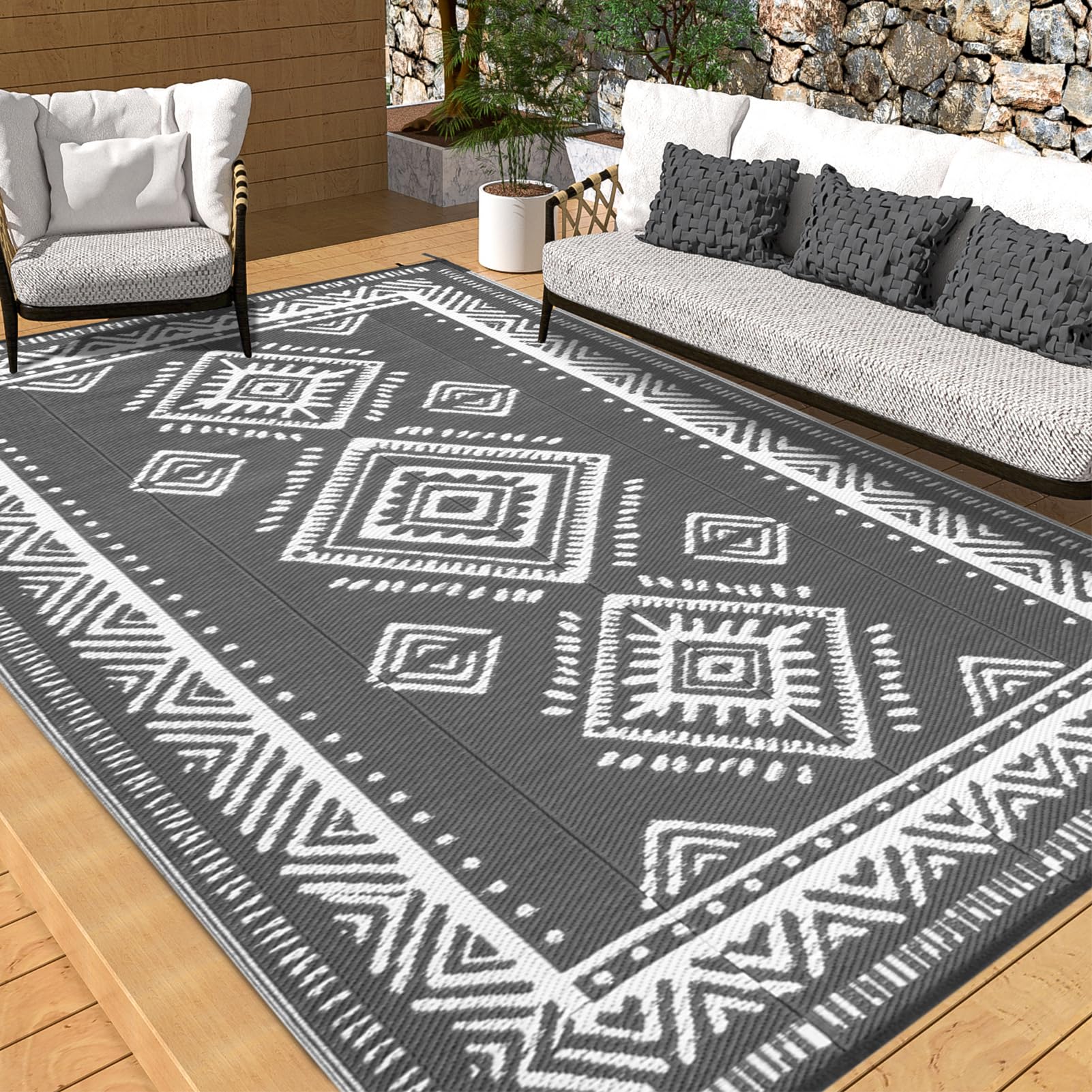 OMERAI Tapis d'Extérieur pour Terrasse Tapis de Camping en Plastique Recyclé Léger et Réversible à l'Extérieur Tapis de Jardin Facile à Nettoyer et Imperméable aux UV Gris 180X270CM