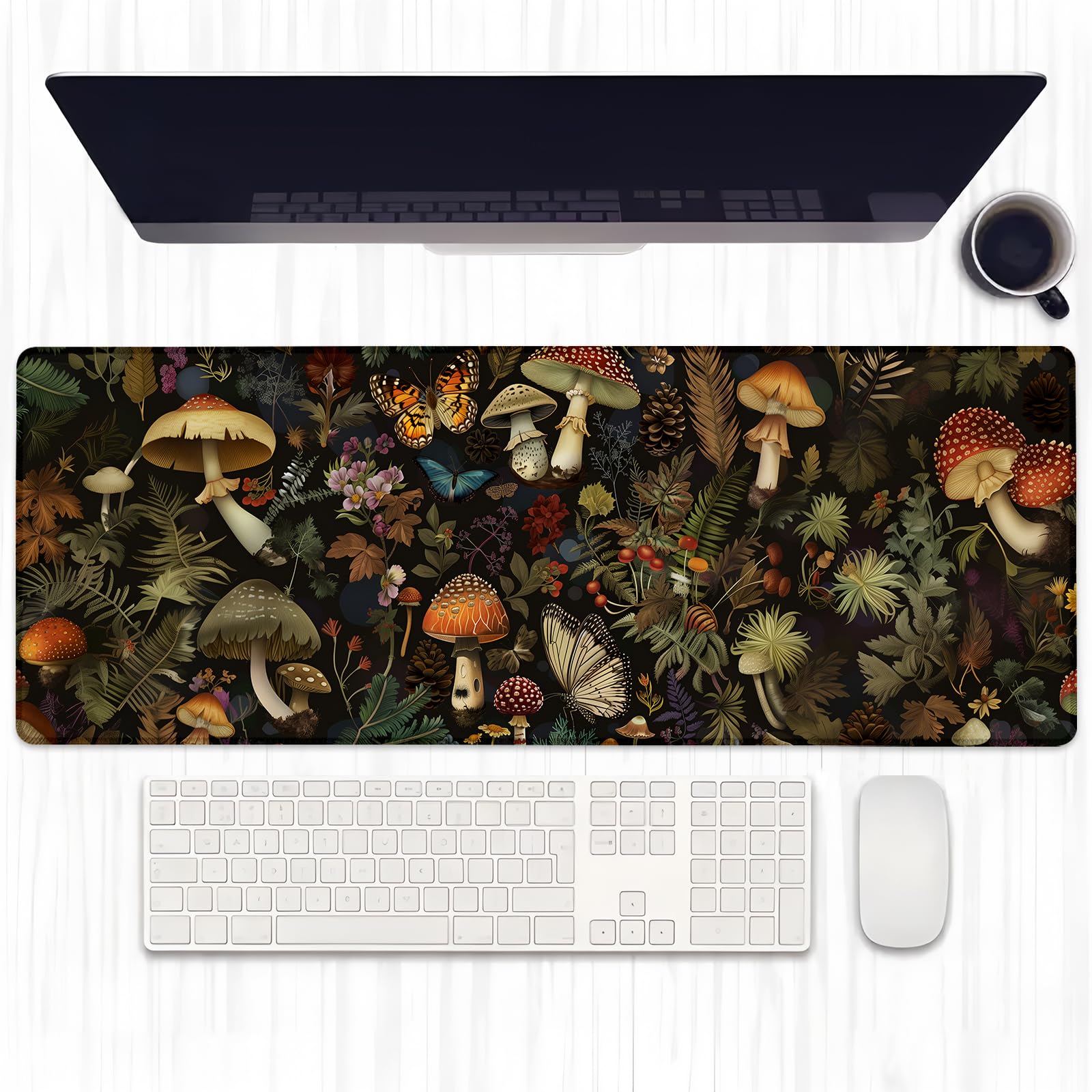 Ti Caldi Enchanted Mushroom Gaming Mouse Pad, Extended Butterfly Desk Mat Computer Laptop Mousepad, Robust Stitched Edges, 31.5"×11.8" Large Office