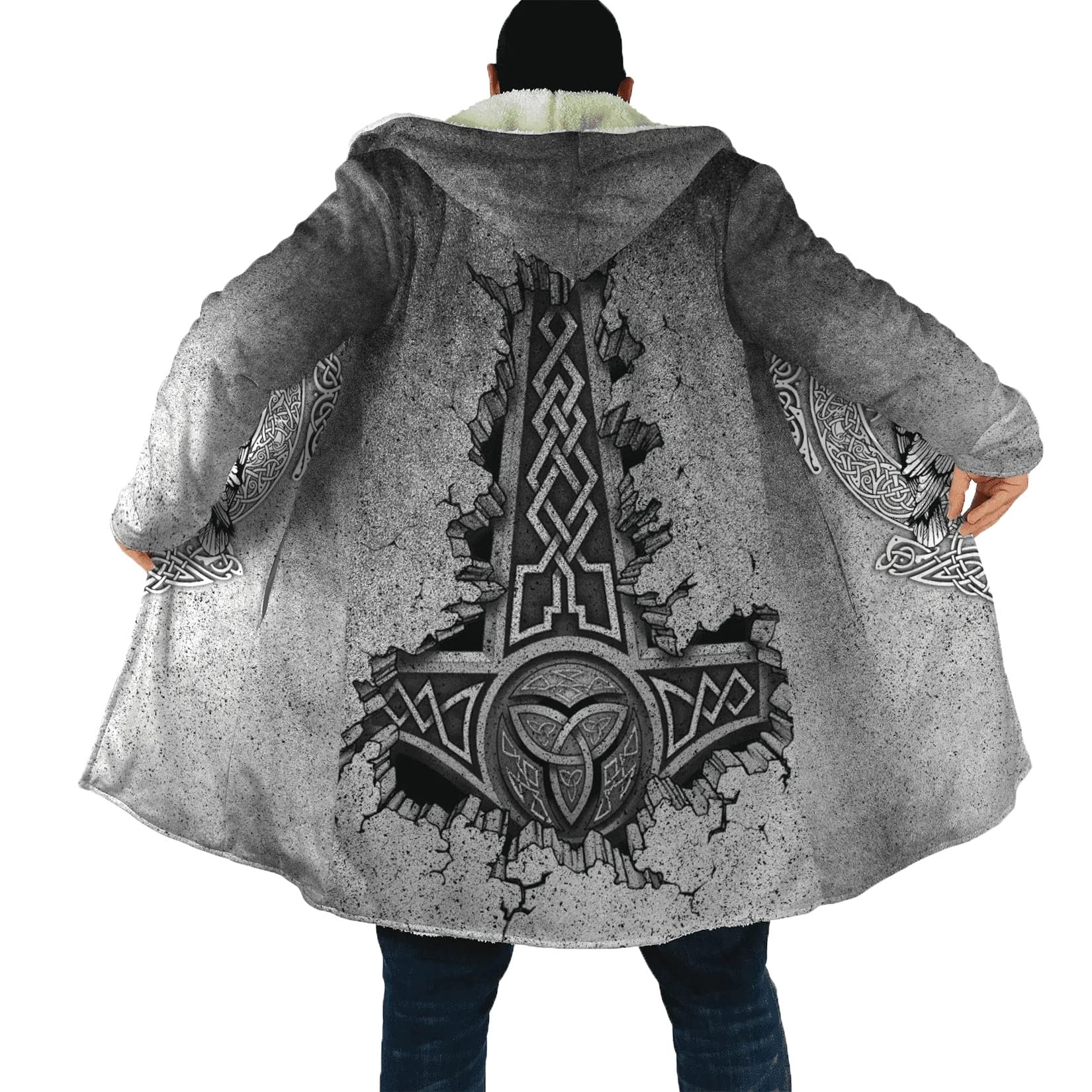 Damata Men's Gray Mjölnir Nordic Mythology Thors Hammer Warm Wool Hooded Jacket Viking Tattoo Winter Mid-Length Jacket Warm Hooded Coat (Color : Size : L)