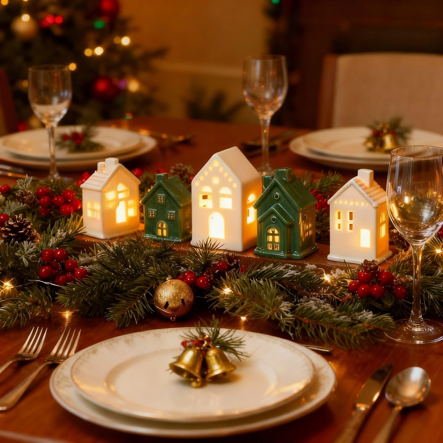 6 Pcs Ceramic St. Patrick's Day Village Houses LED Lighted Irish Village Sets Holiday Gift for DIY St. Patrick's Day Holiday Miniature Porcelain House Figurines for Home Tabletop Mantel Shelf Decor