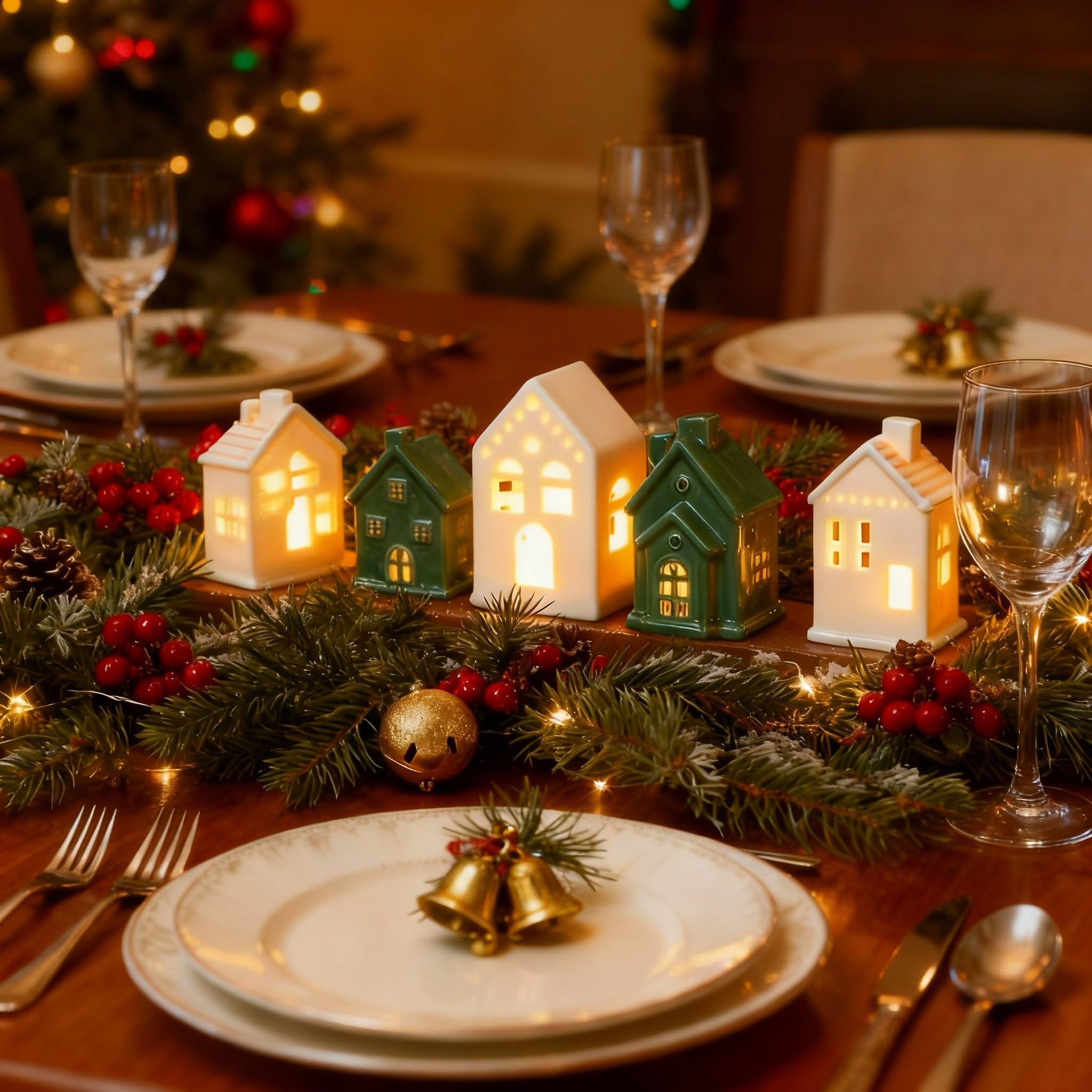 Vesici Weihnachtsdorf-Set, LED-beleuchtete Keramik-Dorfhäuser, Urlaub, Miniatur-Porzellan-Hausfiguren, Dekorationen für Zuhause, Tischplatte, Kaminregal, Dekoration (Grün und Weiß), 6 Stück