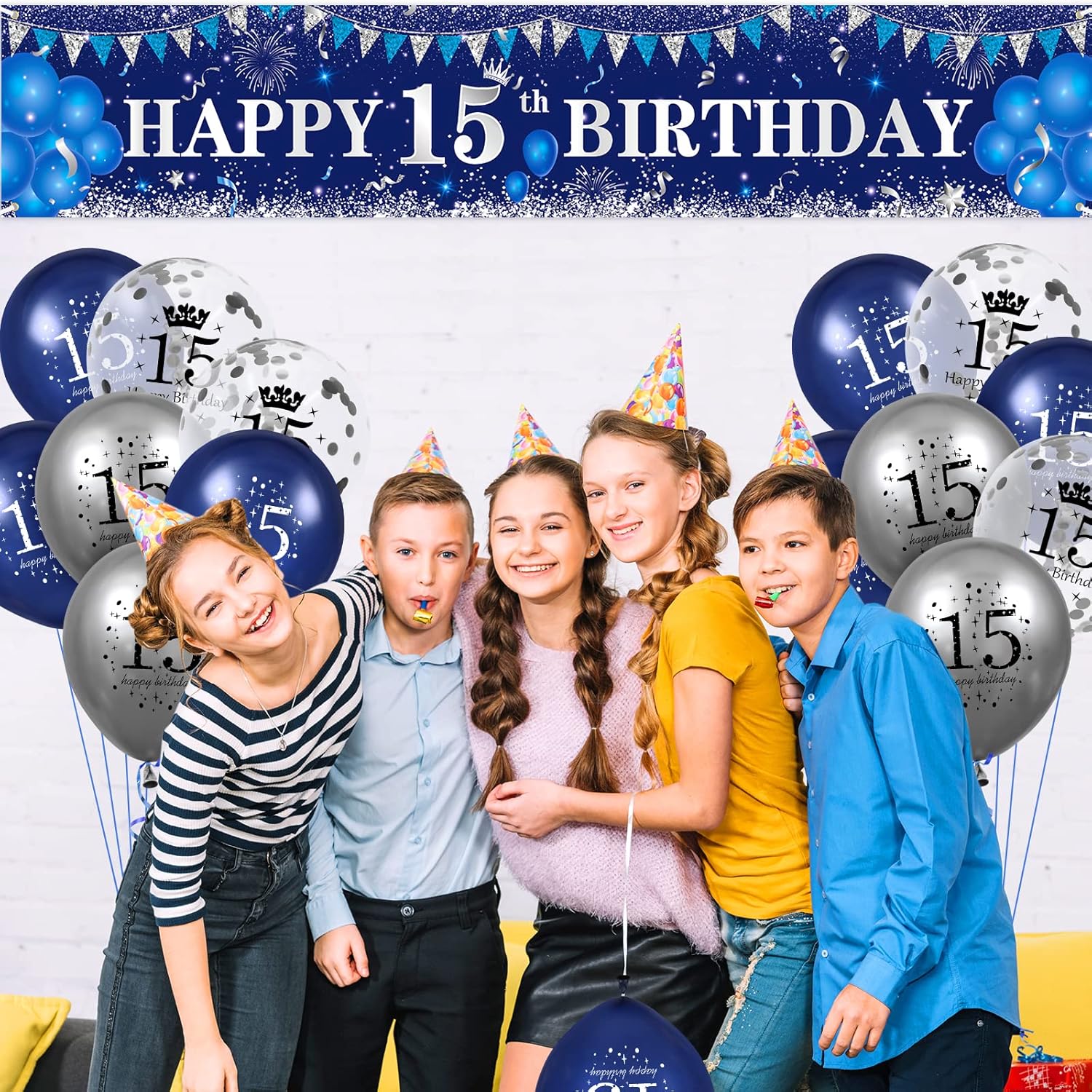 Blue 15th Birthday Decorations for Boys Girls, Navy Blue Silver Happy 15th Birthday Yard Banner and 15th Birthday Balloons for 15th Birthday Anniversary Party Supplies - Image 6