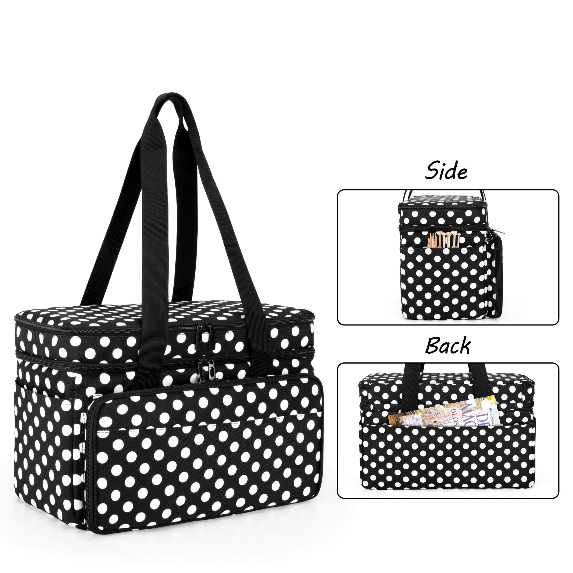 CURMIO Sac à Tricot Double Couche, Rangement pour Laine Crochets, Pois | Plusieurs Élastiques & Compartiments, 4 Œillets, Bandoulière, pour Aiguilles à Tricoter & Projets de Tricot, Sac Uniquement