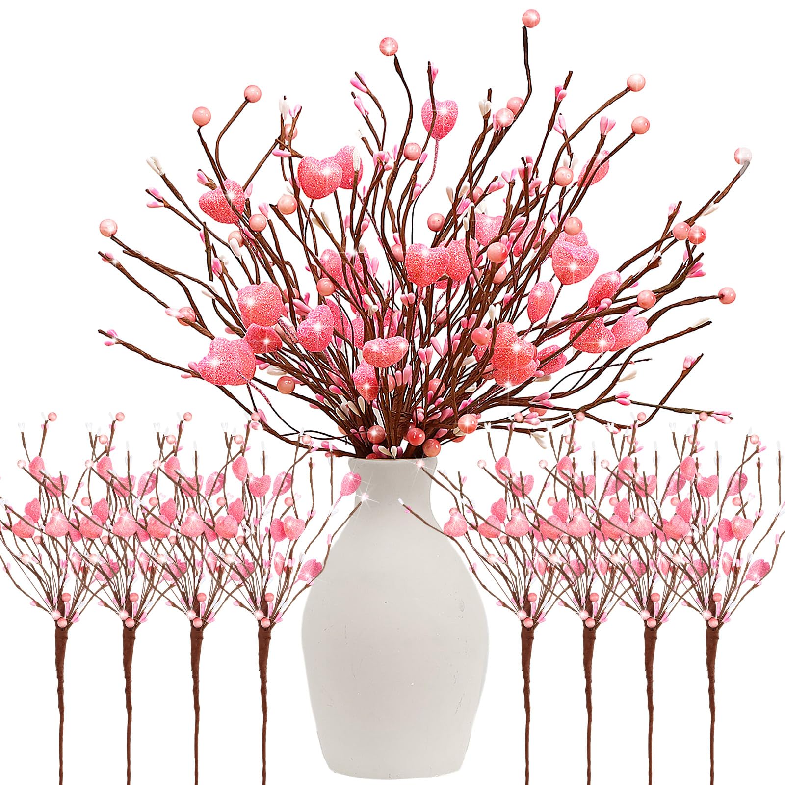 8 Pack Artificial Glitter Heart Shaped Berry Picks 16 inch Pink Berry Stems Valentine's Day Gifts Red Berry Flower Stems for Valentine s Day Wedding Anniversary Decor