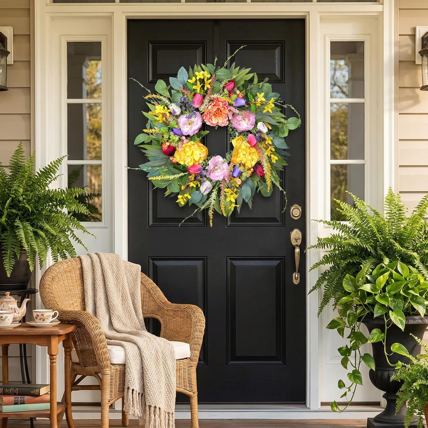 Chrisxiao 24 Inch Spring Wreath for Front Door, Artificial Eucalyptus Wreaths with Peony, Tulip & Eucalyptus Leaves,Summer Wreath for Home Farmhouse, Outdoor, Porch, Wall Window Decor All Year Round