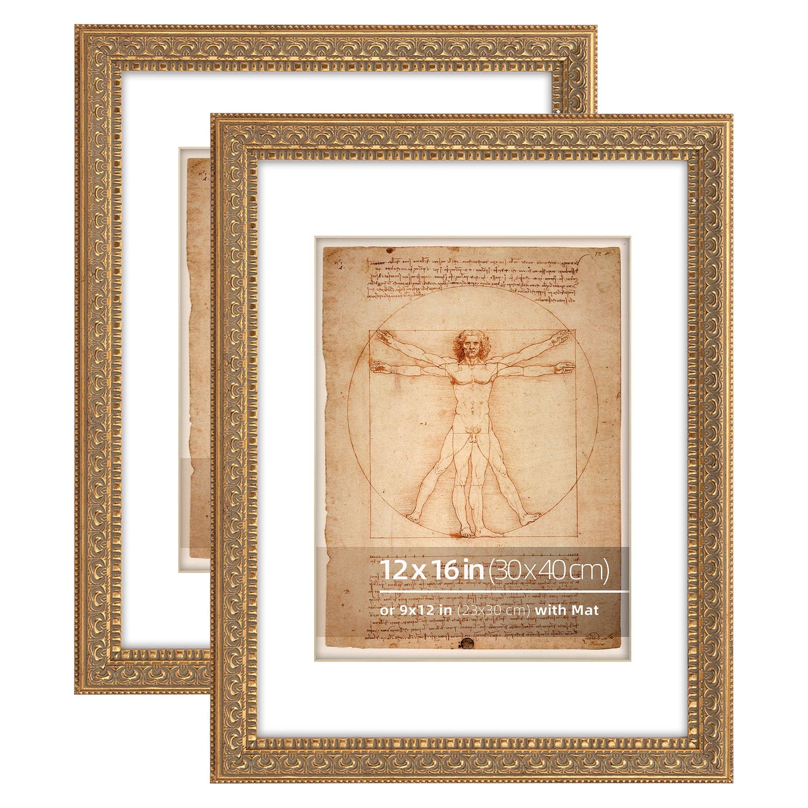 Eitida 12x16 inches Antique Gold Ornate Picture Frame, With Mat for 9x12 inches photos, Plexi glass Protection, 2 Pack