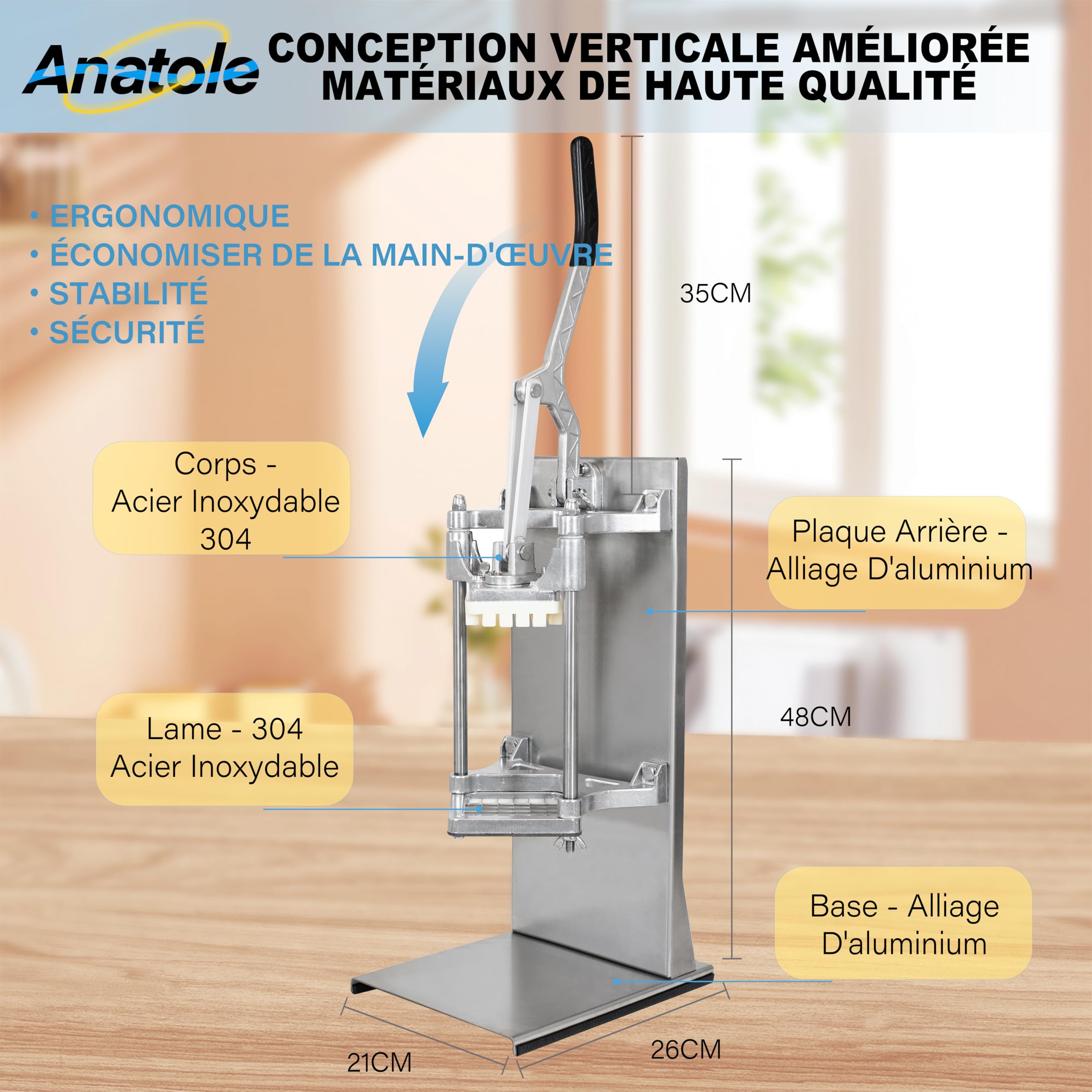 Anatole Coupe-Frites Professionnel avec 6/9/13mm 8-Coin Lames en Acier Inox | Modèle Vertical - Moins d'efforts, Grand, pour Pommes de Terre Carotte Oignon Concombre Fruit, pour Restaurant Hôtel Maison