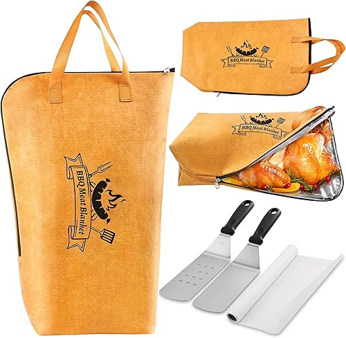 Grilljoy 4 mantas de barbacoa para carne en reposo, espátula de plancha de acero inoxidable y papel de aceite de silicona, juego de plancha y kit de