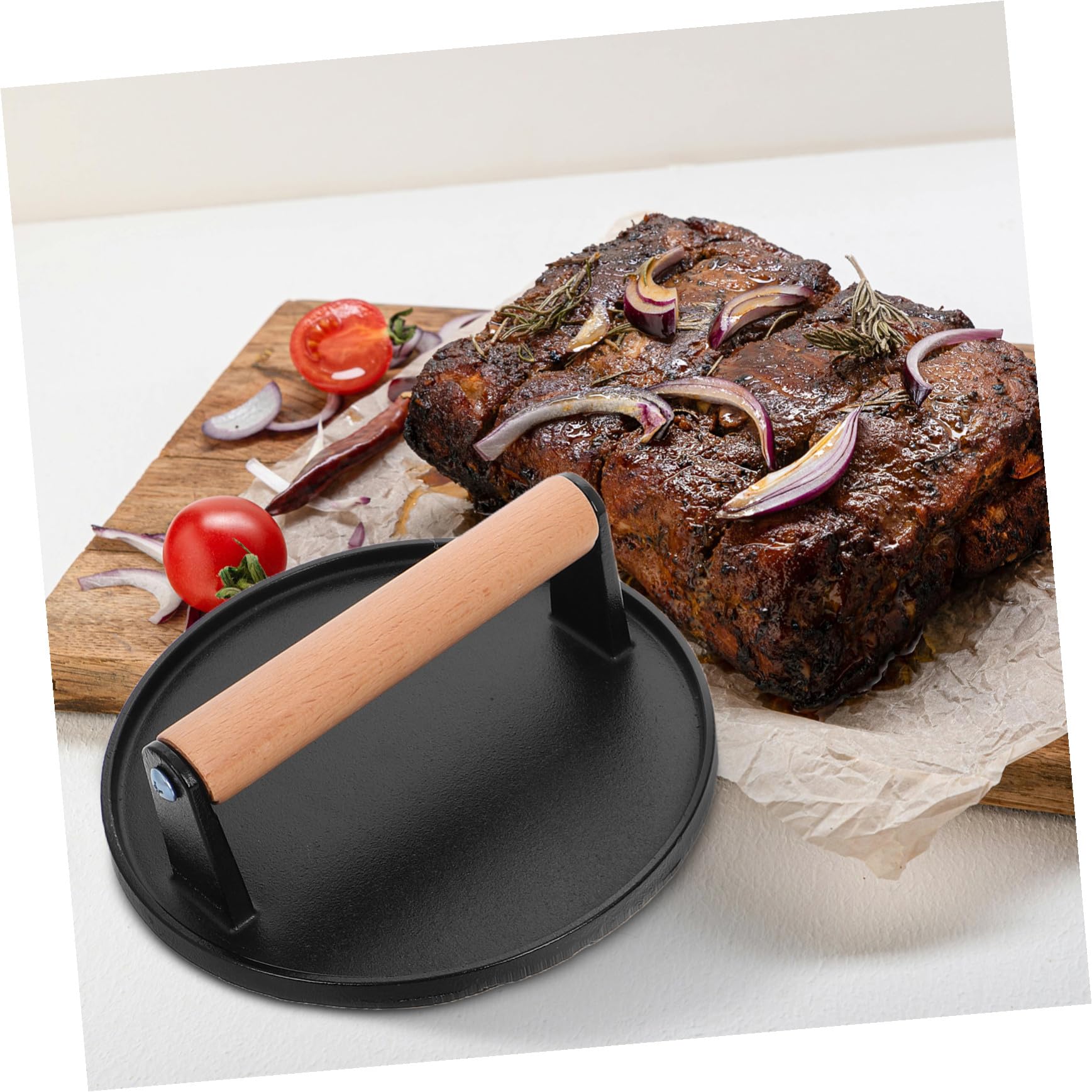 Healifty Prensa de Hamburguesas de Hierro Fundido Multifuncional para Carne y Otros Alimentos con Mango de Madera, 2 Piezas Formas Rectangular y Redonda, Uso en Cocina