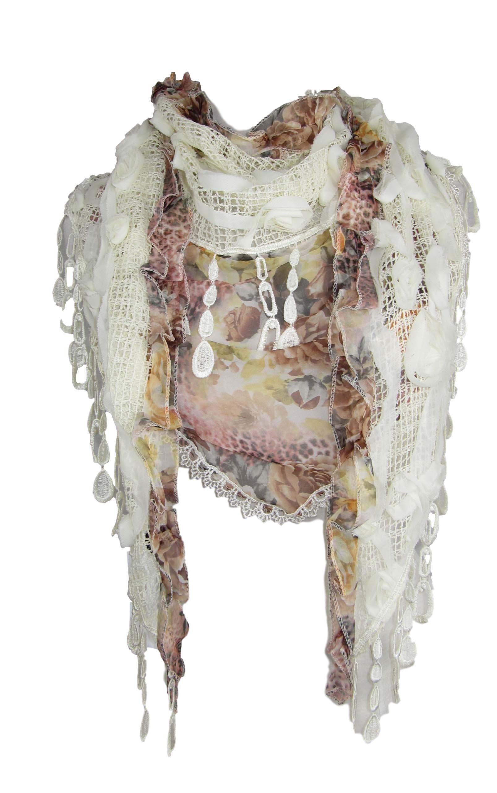 Large triangle scarf shawl wrap - silk blend, rose print and vintage lace tassels (Cream)
