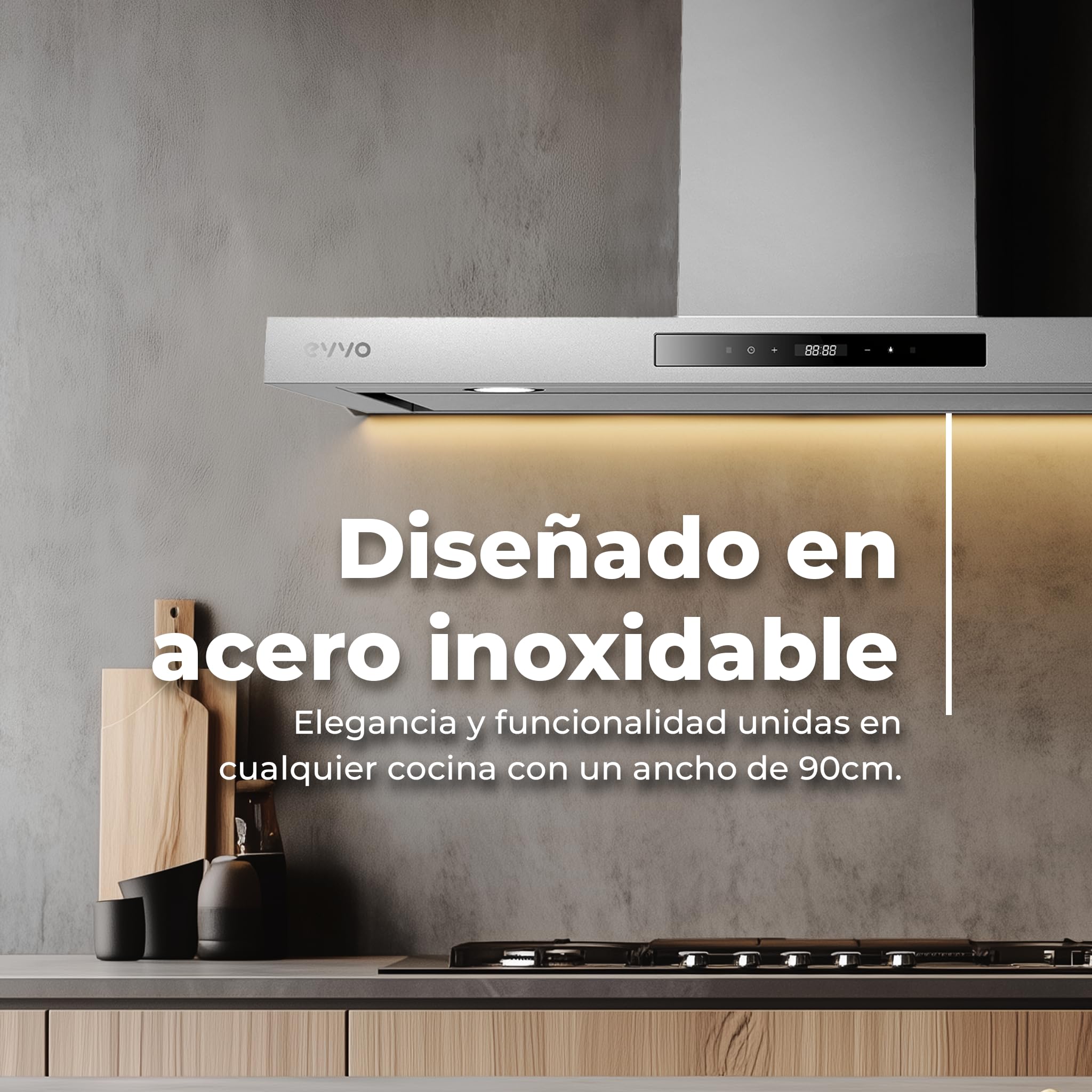 EVVO Campana Extractora 90 cm Decorativa, Potencia 800 m³/h, Control Táctil y Gestual, Filtro de Aluminio y Carbón Activo, Eficiencia Energética A++ — view 3