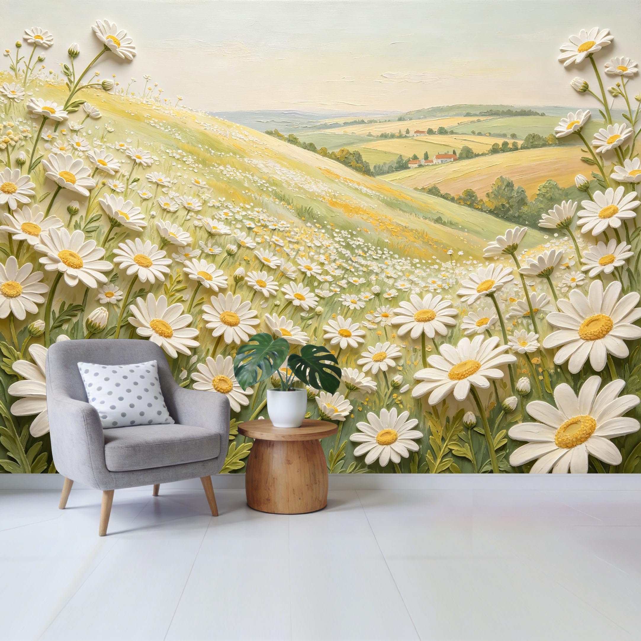 Qzlithotic Yq2605250685 Custom Size Wall Mural Pastoral Daisy Field Landscape Oil Painting Texture Art Selfadhesive Wall Fabric Removable Wallpaper For Home Office Decor