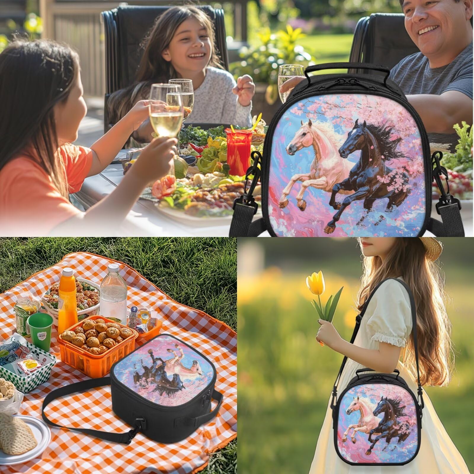 Vanideaoty Horse Boys Lunch Boxes for School Water Bottle Carrier Lunch Box with Compartments Front Pocket Lightweight Water Bottle Protector for Outdoors