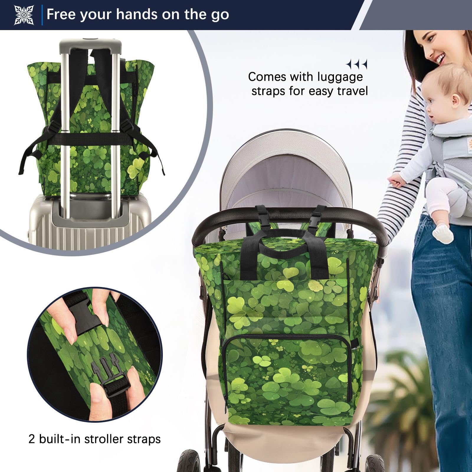 Verde Hojas De TréBol Natural Exuberante Mochilas de Pañales para Gran Capacidad Pañal Bolso Mochila para Viajar al Aire Libre Mamá y Papá