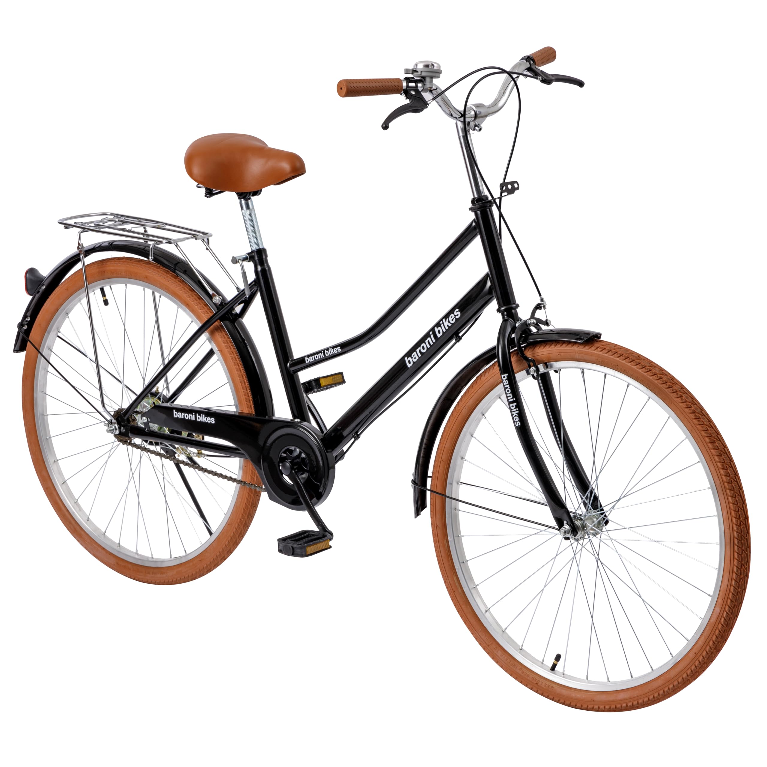 Baroni Home Bicicleta de paseo para hombre y mujer, con timbre, manillar y sillín ajustable, bicicleta con doble freno delantero y trasero, bicicleta de ciudad, negro y marrón, 168 x 90 cm