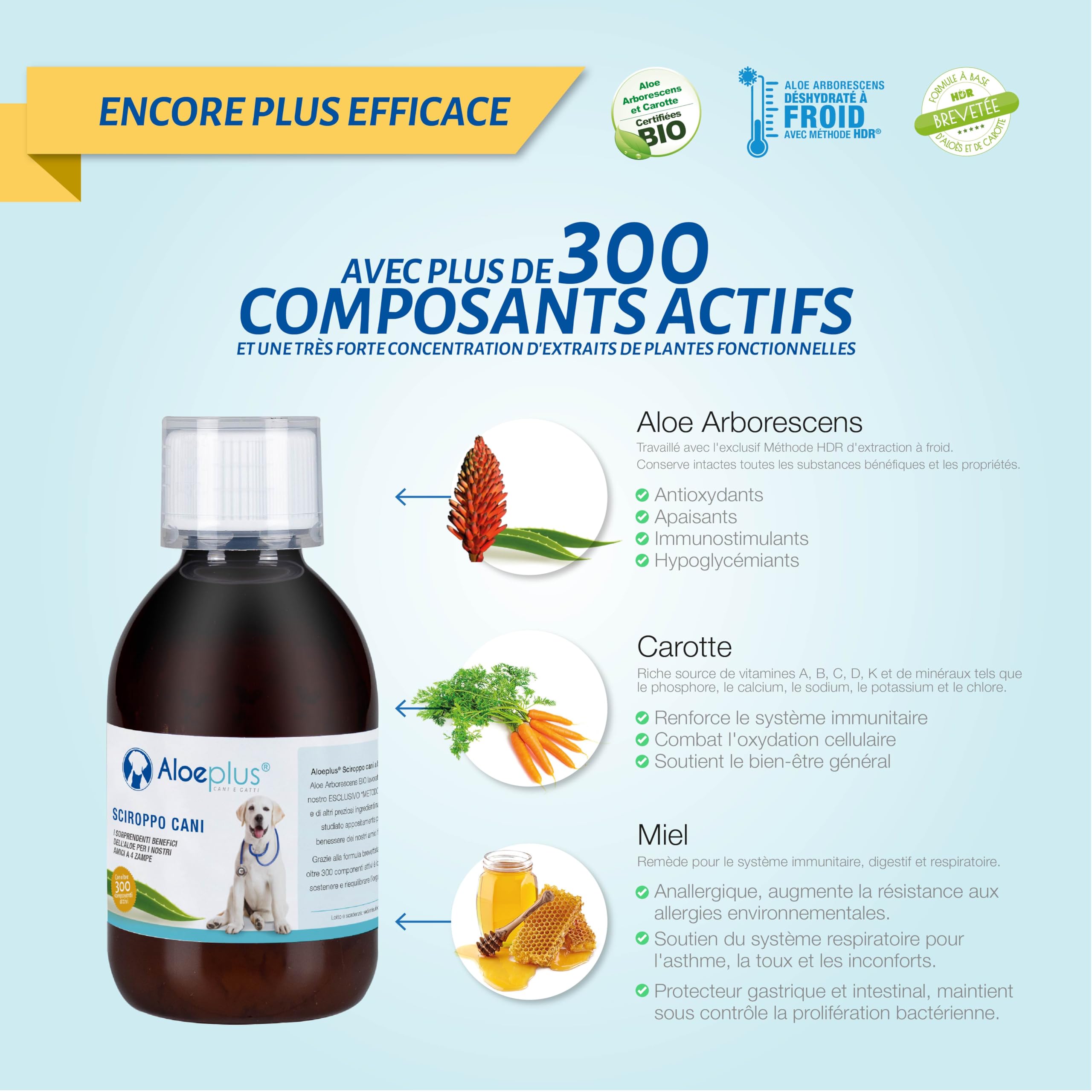 ALOEPLUS Chiens Sirop 150ml - Complément Alimentaire Énergétique et Détoxifiant à Base d'Aloe Arborescens Bio, Renforce Les Défenses Naturelles, Idéal comme Revitalisant pour Chiens Âgés et Chiots